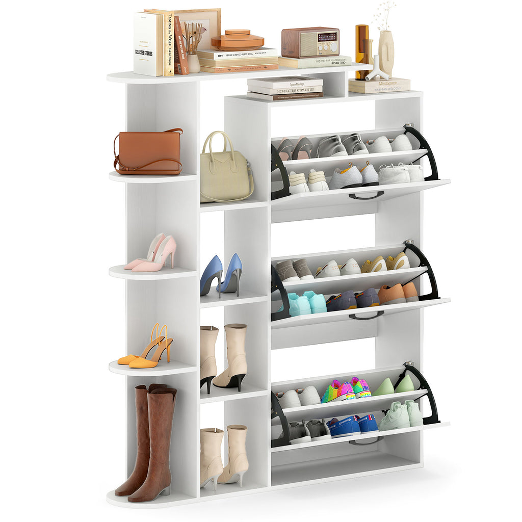 Shoe Cabinet with Open Shelves Modern Shoe Organizer with 3 Flip Drawers-White
