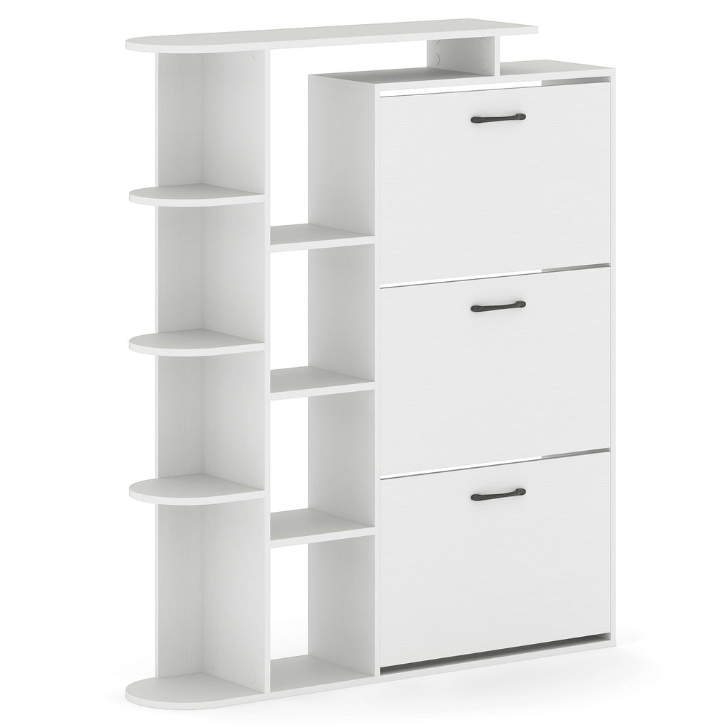 Shoe Cabinet with Open Shelves Modern Shoe Organizer with 3 Flip Drawers-White
