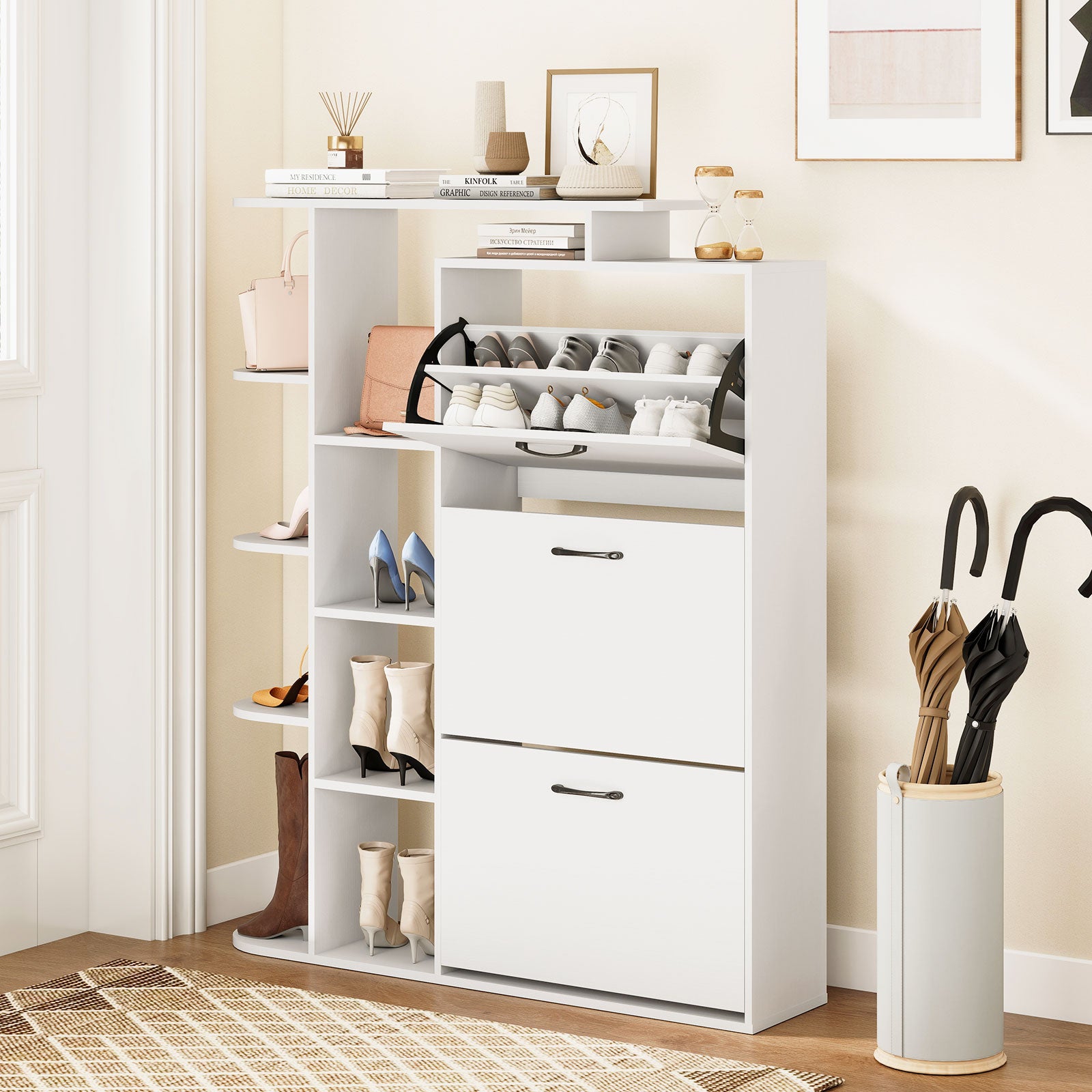 Shoe Cabinet with Open Shelves Modern Shoe Organizer with 3 Flip Drawers-White