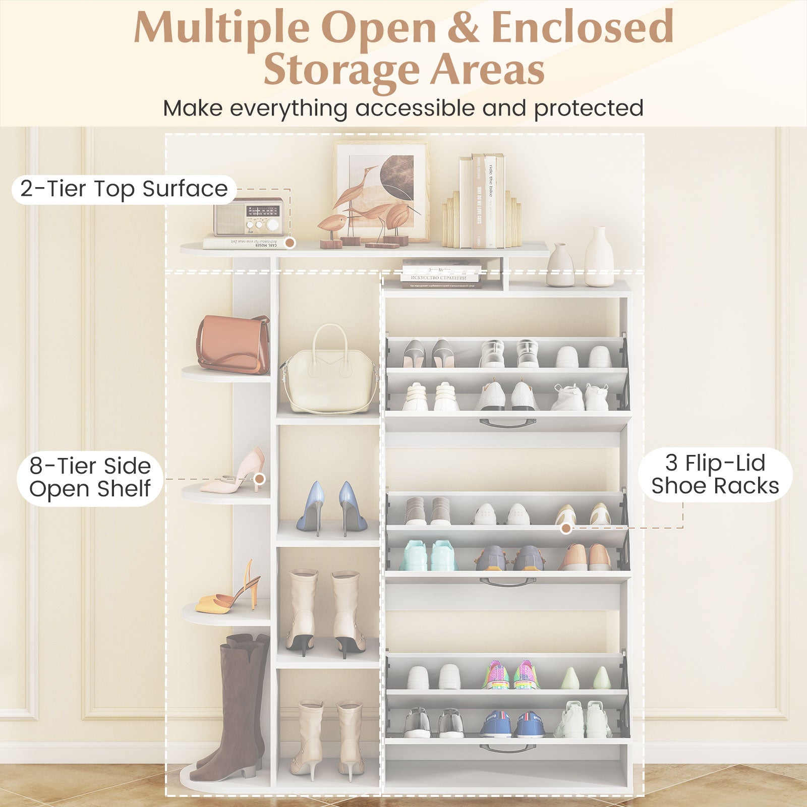 Shoe Cabinet with Open Shelves Modern Shoe Organizer with 3 Flip Drawers-White