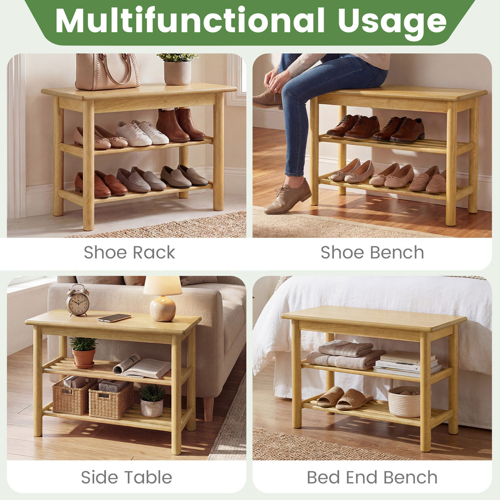 Shoe Rack Bench 3-Tier Rubberwood Shoe Changing Bench-Natrual