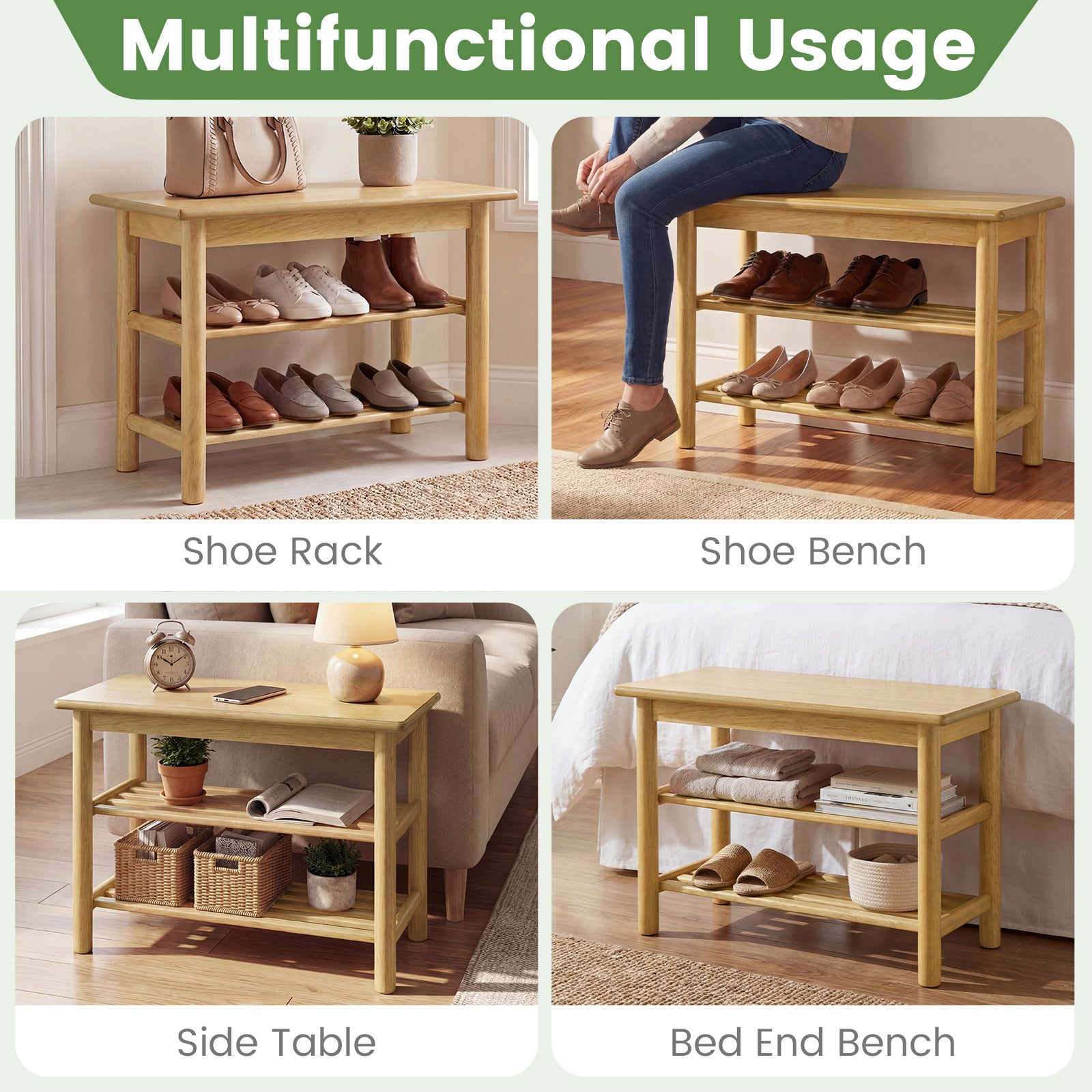 Shoe Rack Bench 3-Tier Rubberwood Shoe Changing Bench-Natrual