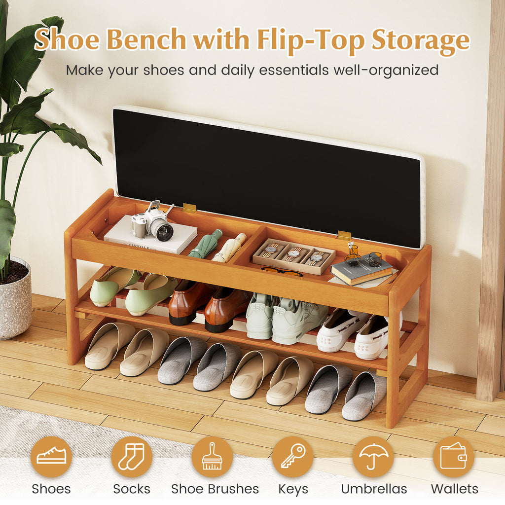 Banc porte-chaussures avec rangement, banc d'entrée 2 niveaux en bois d'hévéa avec rangement à abattant - Beige