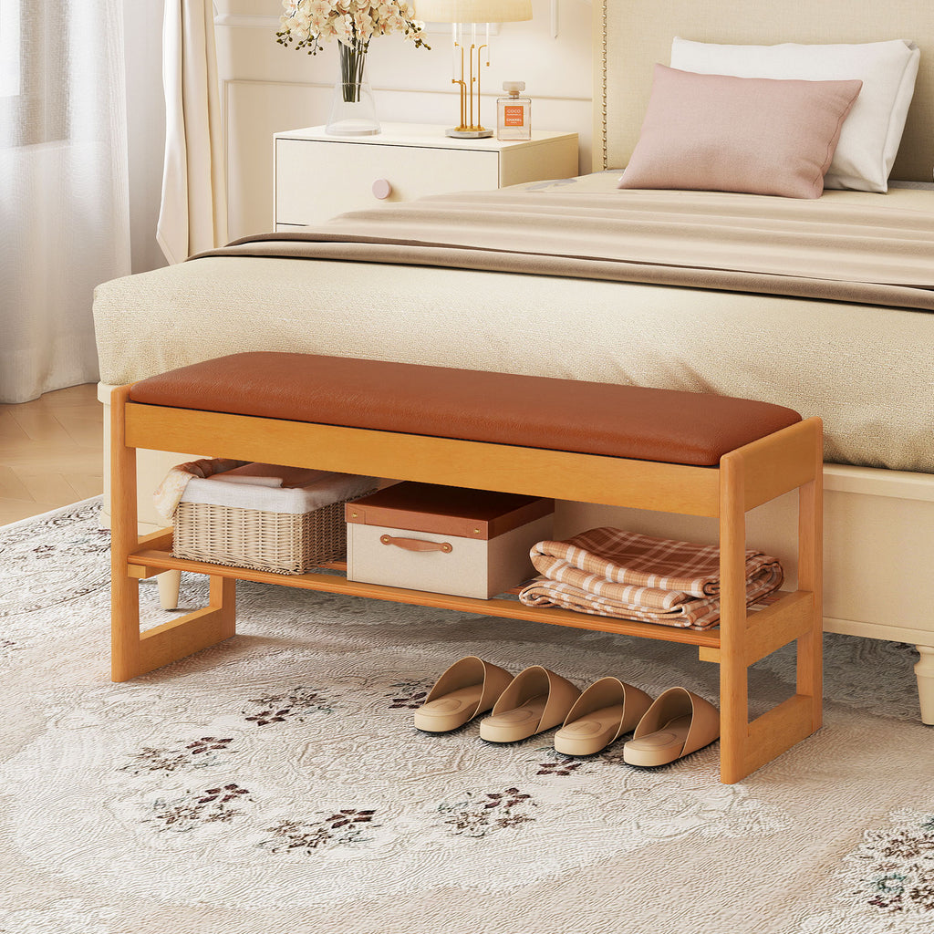 Shoe Rack Bench with Storage 2-Tier Rubberwood Entryway Bench with Flip-Open Storage-Brown