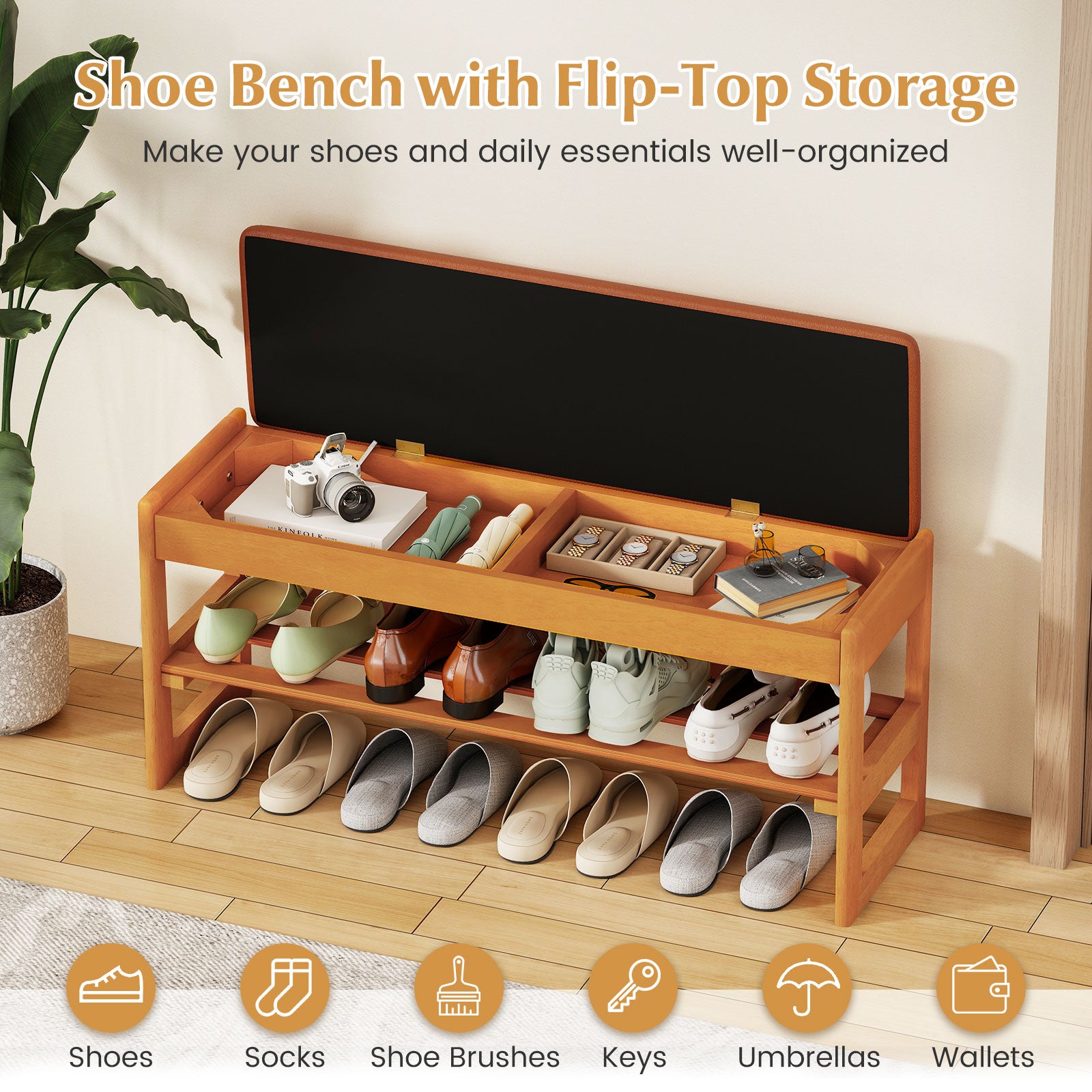Shoe Rack Bench with Storage 2-Tier Rubberwood Entryway Bench with Flip-Open Storage-Brown