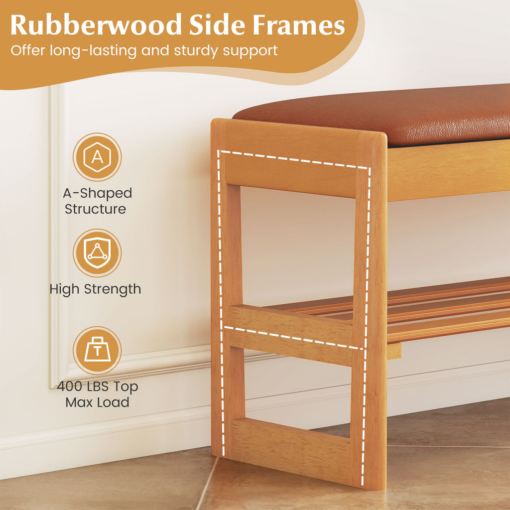 Shoe Rack Bench with Storage 2-Tier Rubberwood Entryway Bench with Flip-Open Storage-Brown