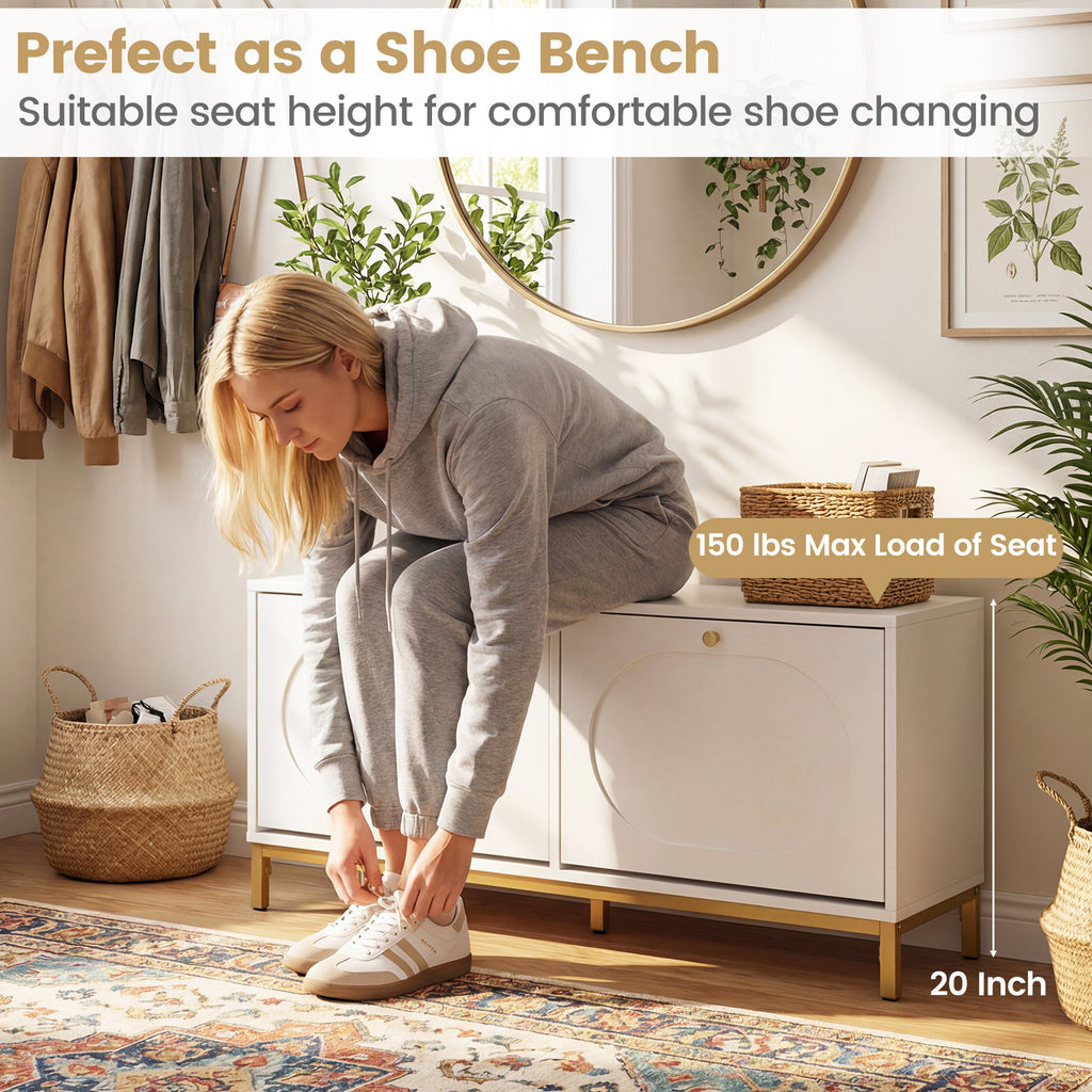 Shoe Storage Bench Narrow Entryway Bench with 2 Flip Drawers Adjustable Shelves-White