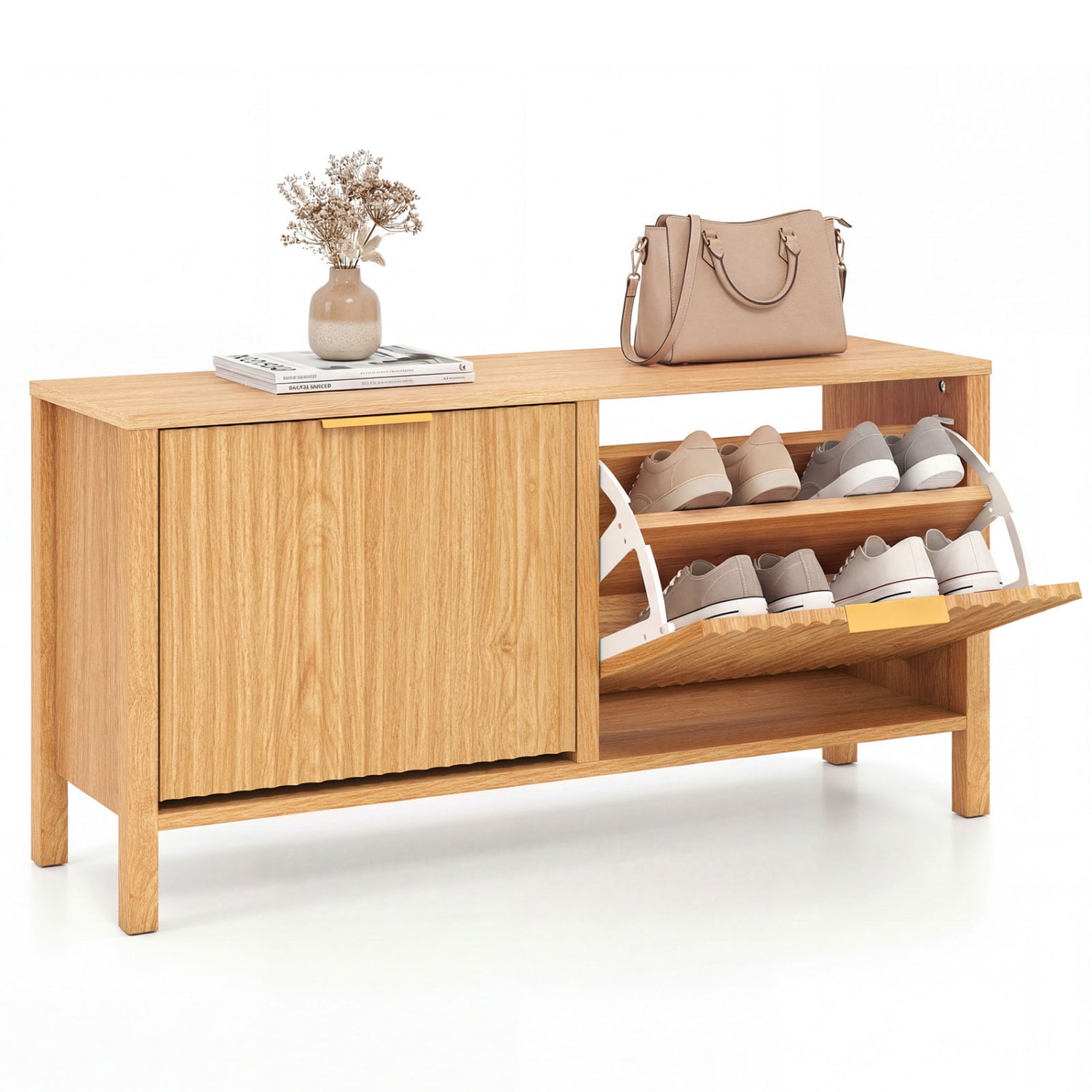 Shoe Storage Bench Narrow Wooden Entryway Bench with 2 Flip Drawers-Brown