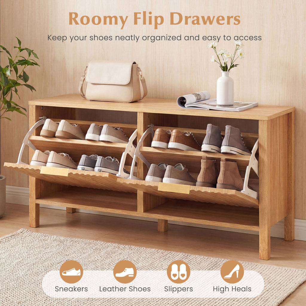 Shoe Storage Bench Narrow Wooden Entryway Bench with 2 Flip Drawers-Brown
