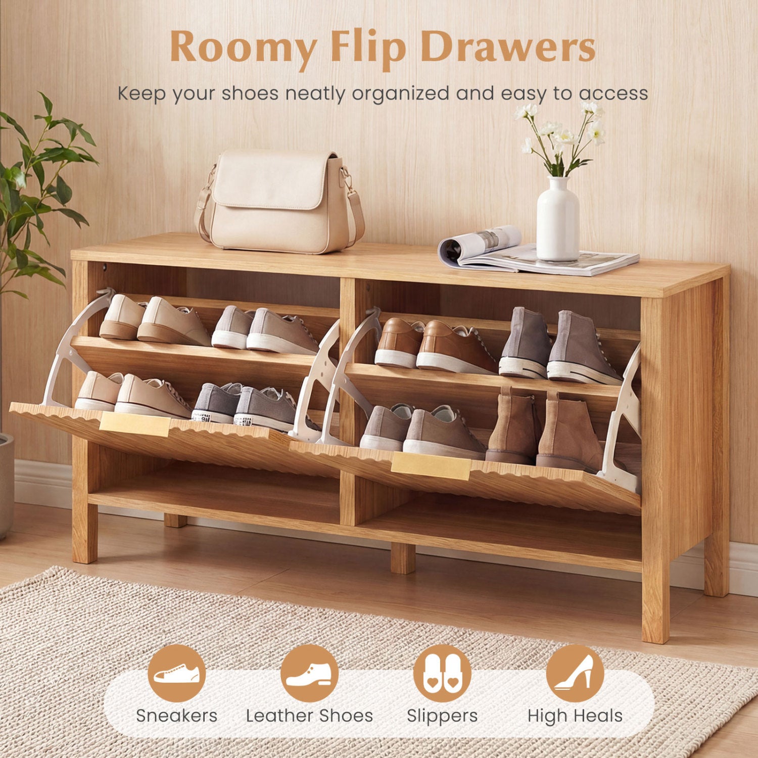 Shoe Storage Bench Narrow Wooden Entryway Bench with 2 Flip Drawers-Brown