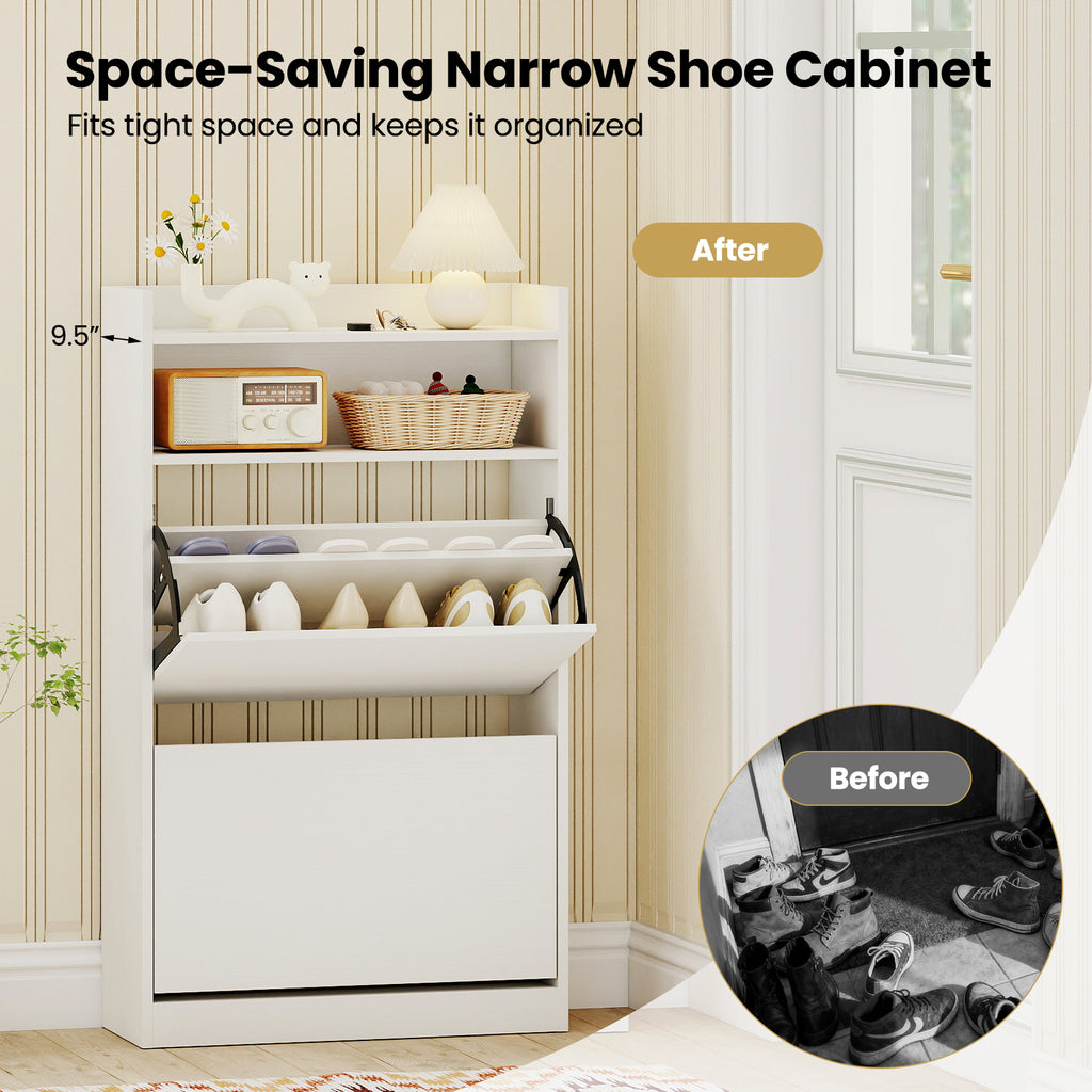 Shoe Storage Cabinet Hidden Shoe Rack with 2 Flip Drawers Adjustable and Removable Shelves-White