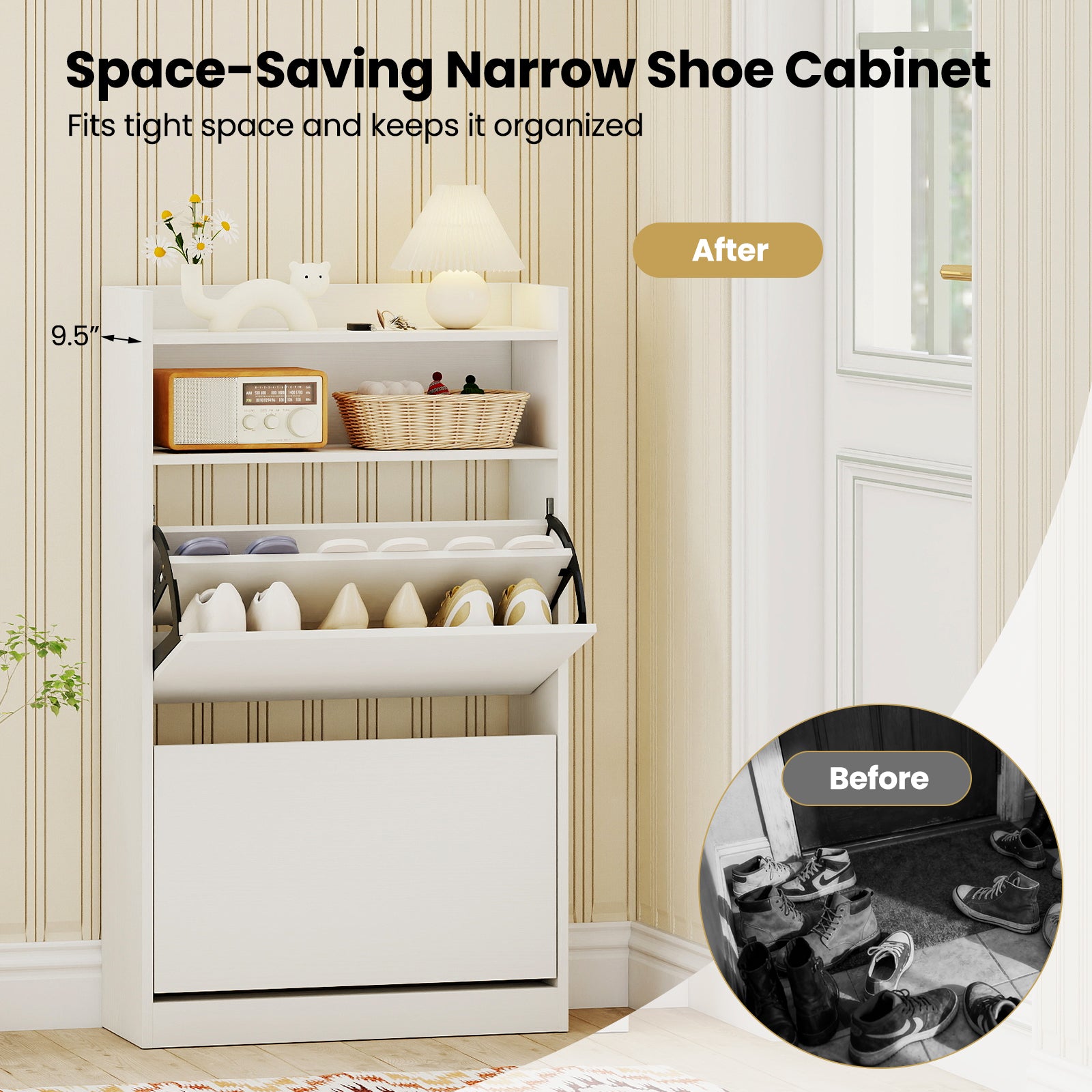 Shoe Storage Cabinet Hidden Shoe Rack with 2 Flip Drawers Adjustable and Removable Shelves-White