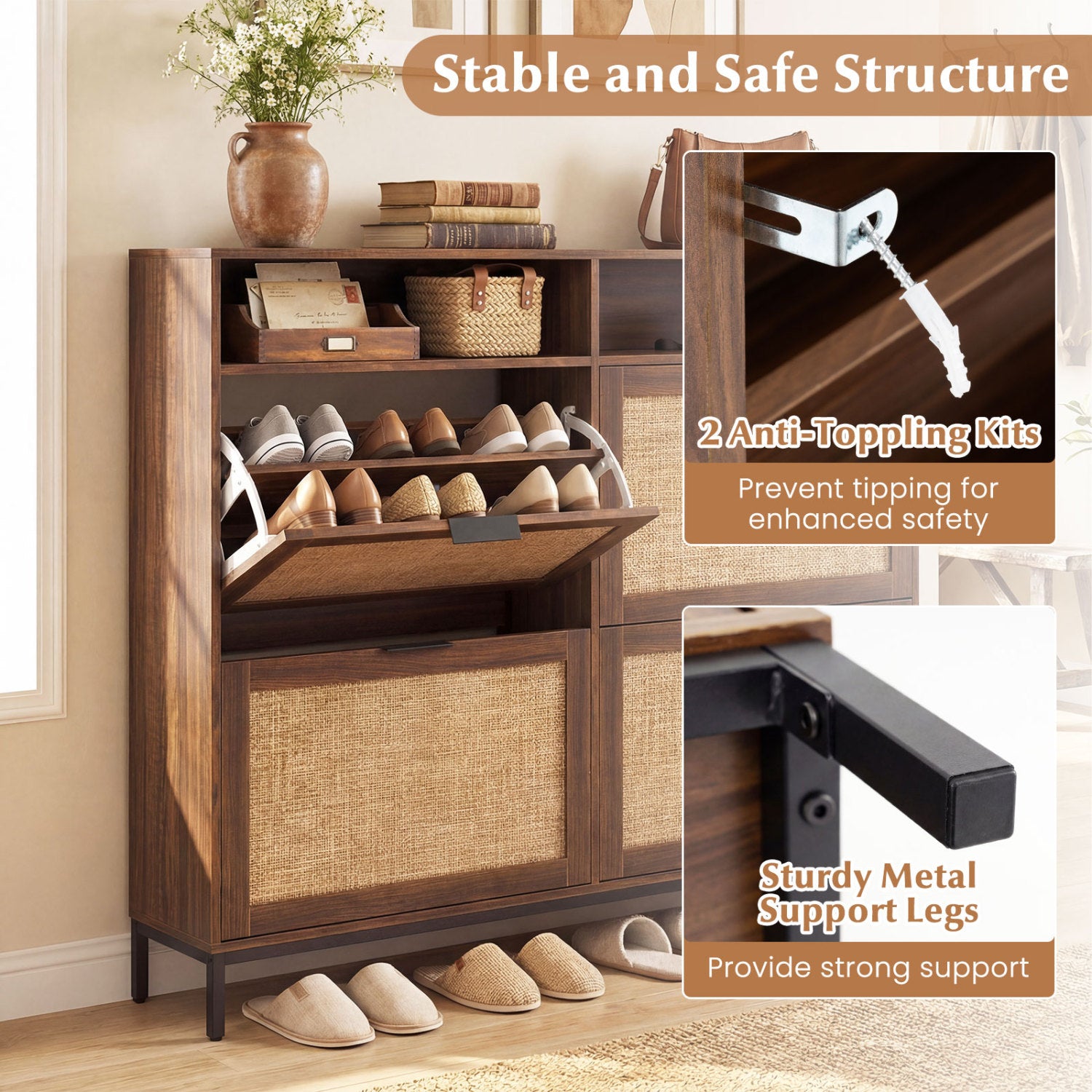 Shoe Storage Cabinet with 4 Flip Drawers Narrow Freestanding Shoe Organizer with Adjustable Shelves-Brown