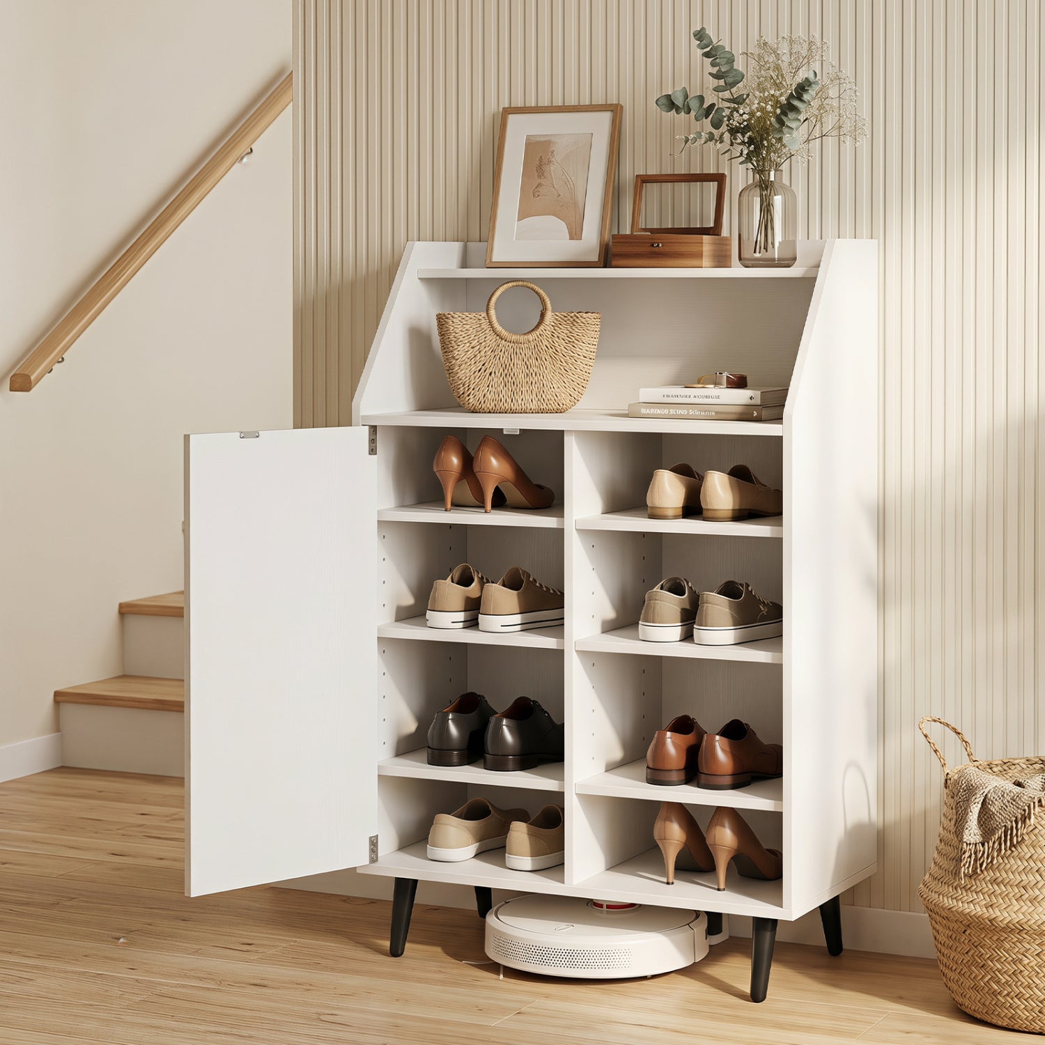 Shoe Storage Cabinet with 2-Tier Open Compartment and 4-Tier Adjustable Shelf-White
