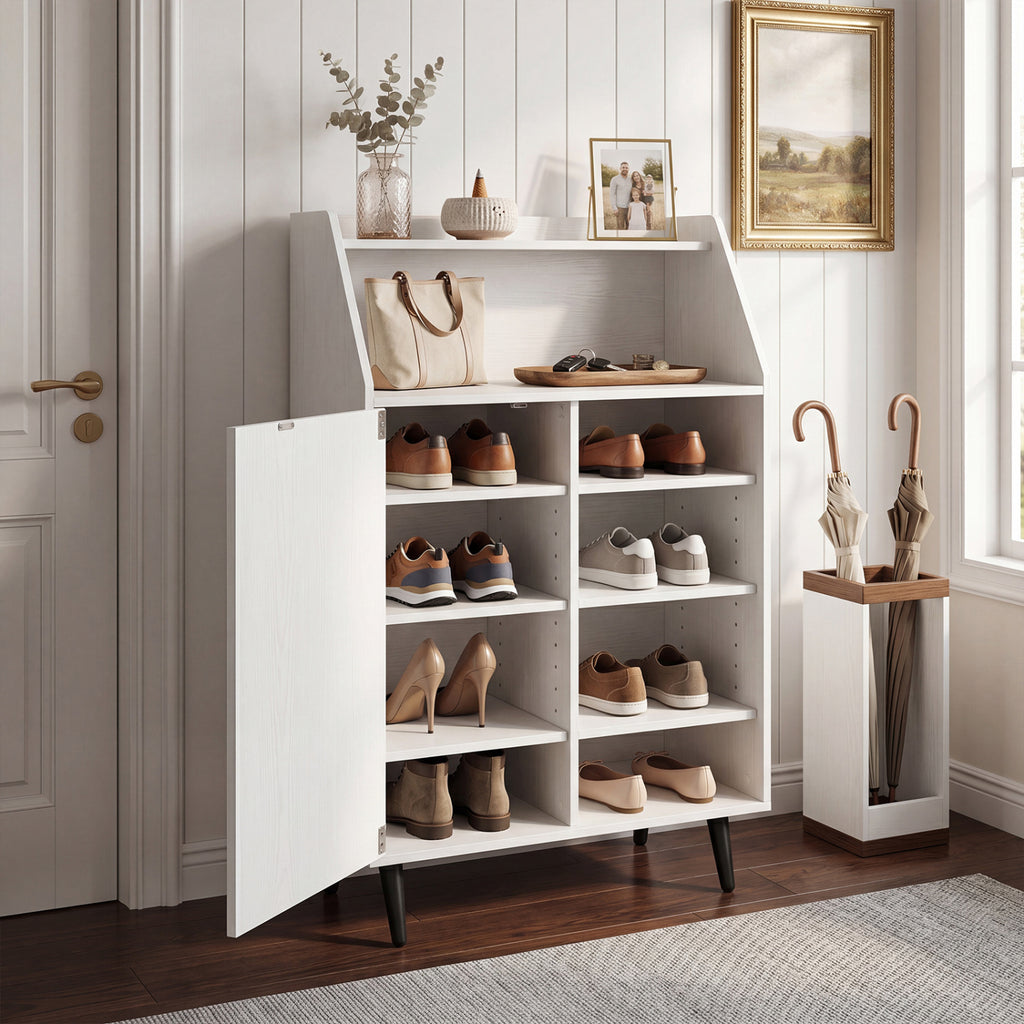 Shoe Storage Cabinet with 2-Tier Open Compartment and 4-Tier Adjustable Shelf-White