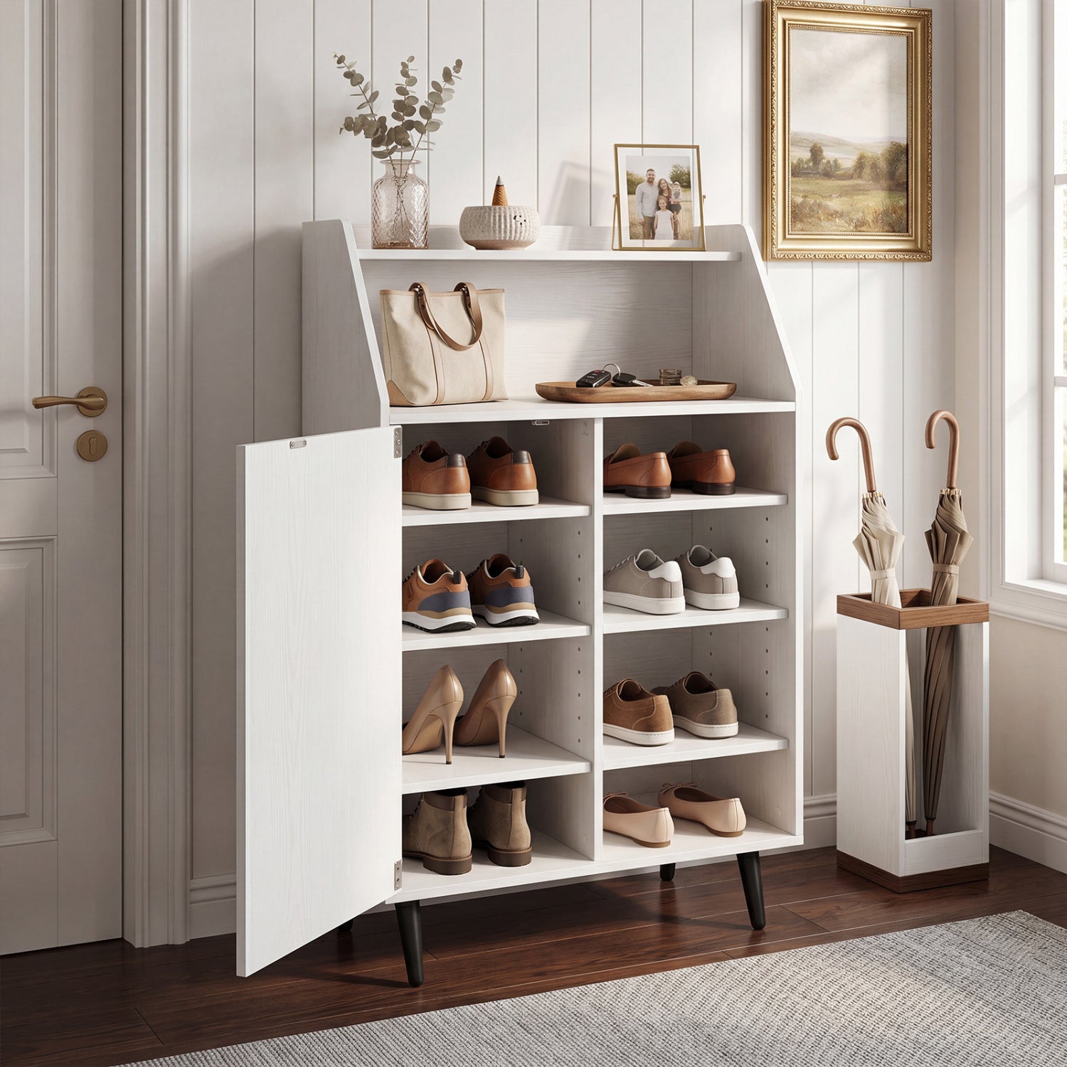Shoe Storage Cabinet with 2-Tier Open Compartment and 4-Tier Adjustable Shelf-White
