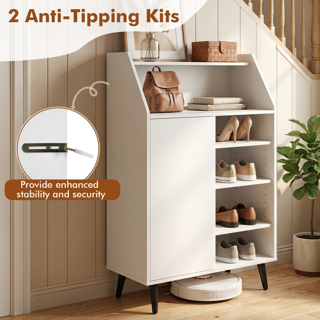 Shoe Storage Cabinet with 2-Tier Open Compartment and 4-Tier Adjustable Shelf-White