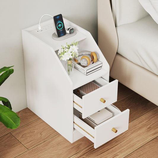 Side End Table with Charging Station Sofa Couch Table with Shelf Drawers-White