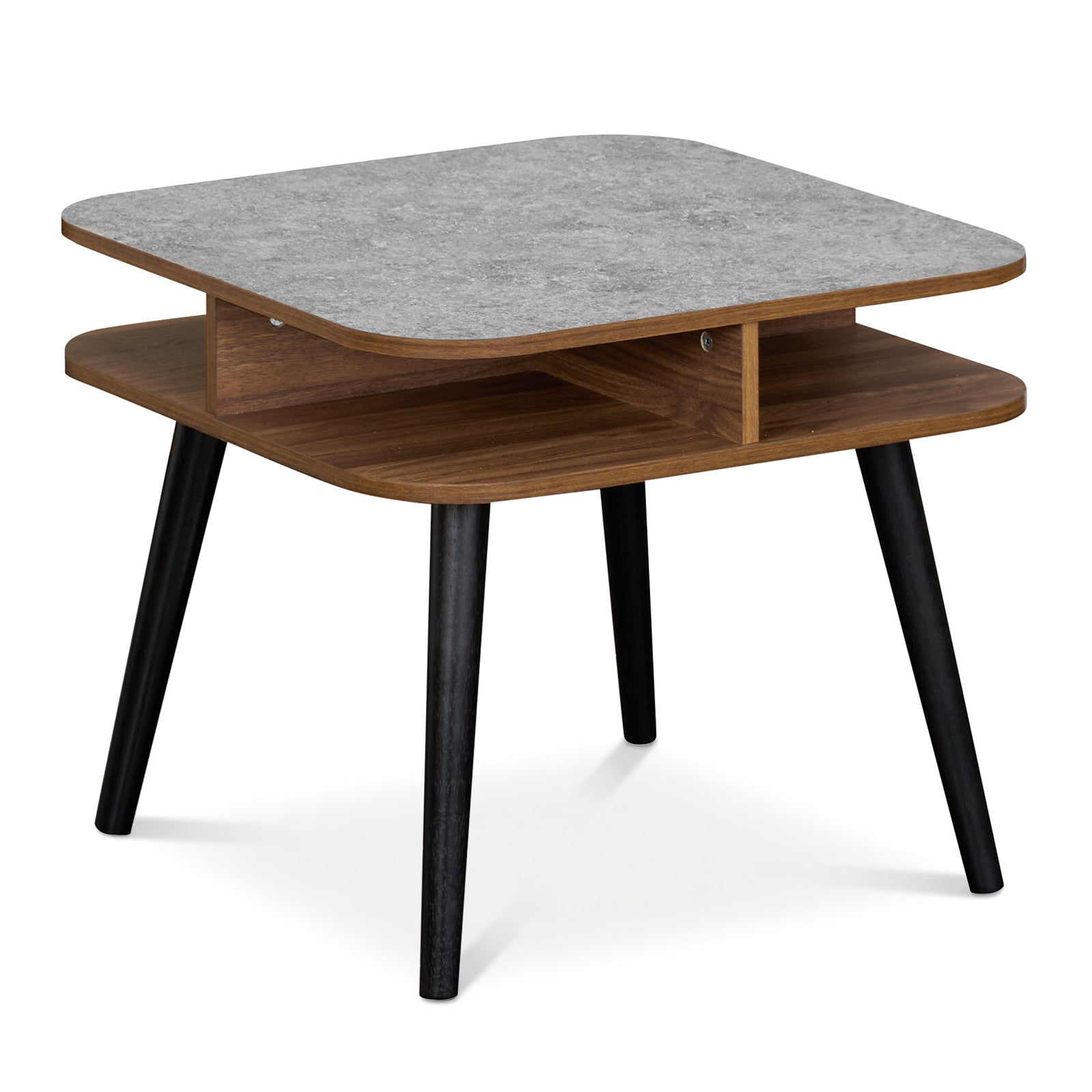 Side Table Faux Marble End Table with Storage Shelves and Rubber Wood Legs-Walnut