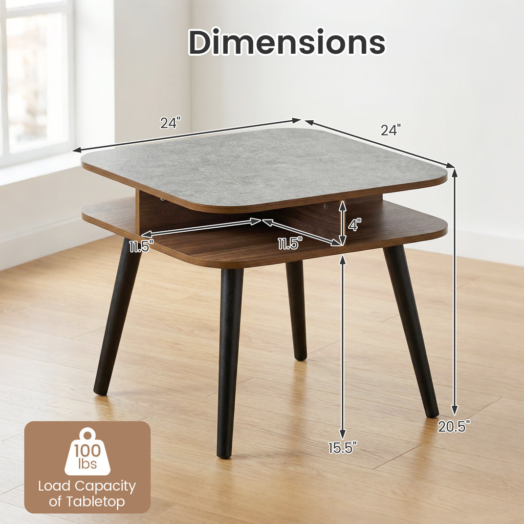 Side Table Faux Marble End Table with Storage Shelves and Rubber Wood Legs-Walnut