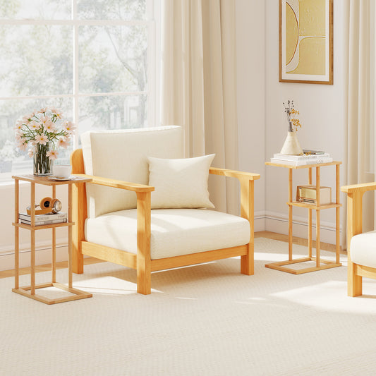 Side Table Set of 2 with Storage Shelves and Bamboo Construction-Natural