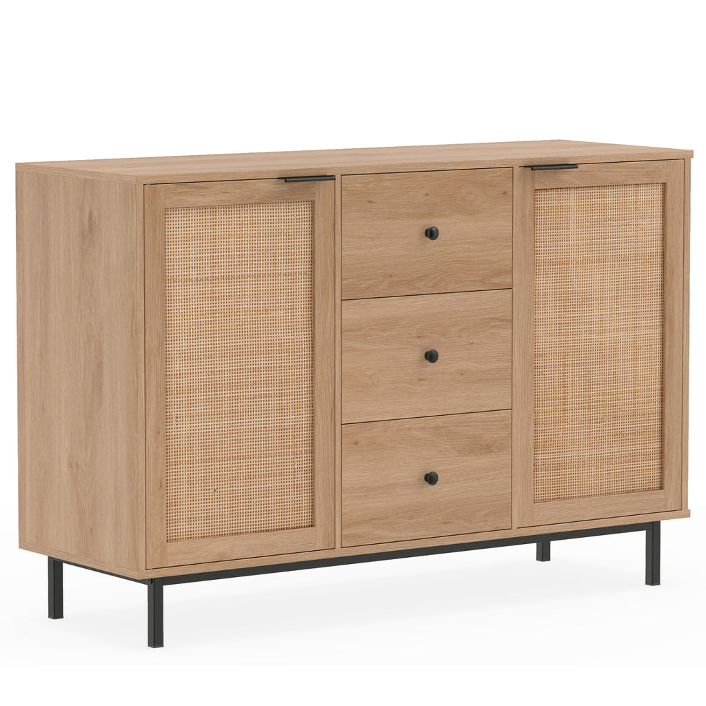 Sideboard Buffet Cabinet Rustic Farmhouse Coffee Bar Table with 2 Rattan Doors and 3 Drawers-Natural