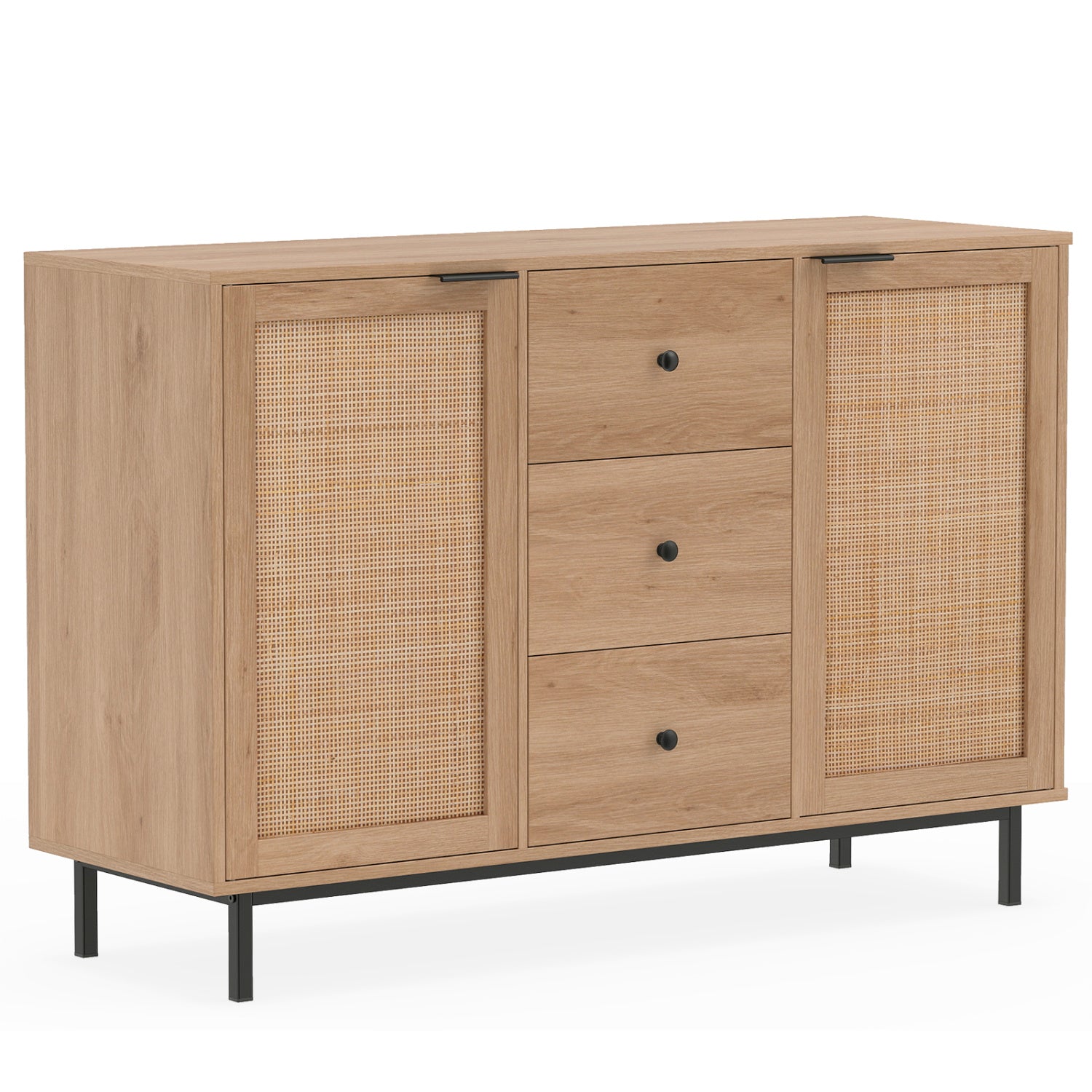 Sideboard Buffet Cabinet Rustic Farmhouse Coffee Bar Table with 2 Rattan Doors and 3 Drawers-Natural