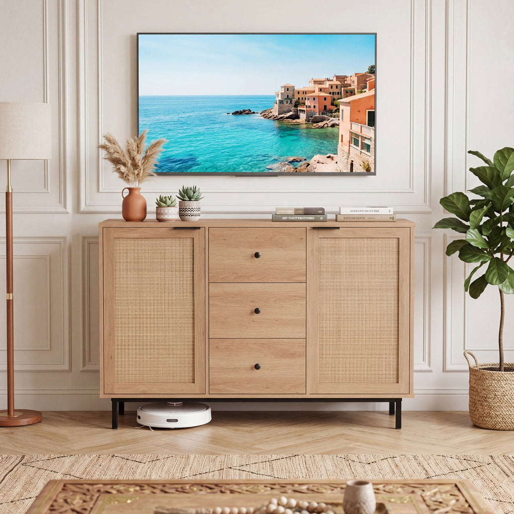 Sideboard Buffet Cabinet Rustic Farmhouse Coffee Bar Table with 2 Rattan Doors and 3 Drawers-Natural