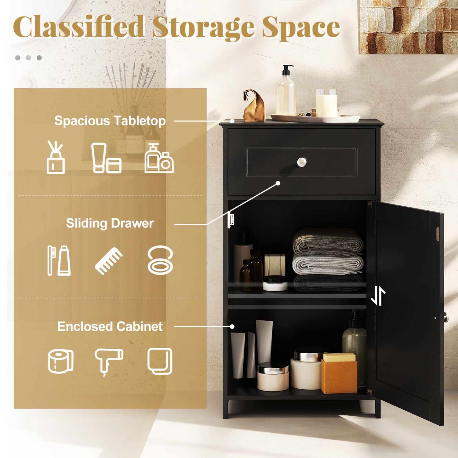 Single Door Bathroom Cabinet with Adjustable Shelf and Drawer-Black
