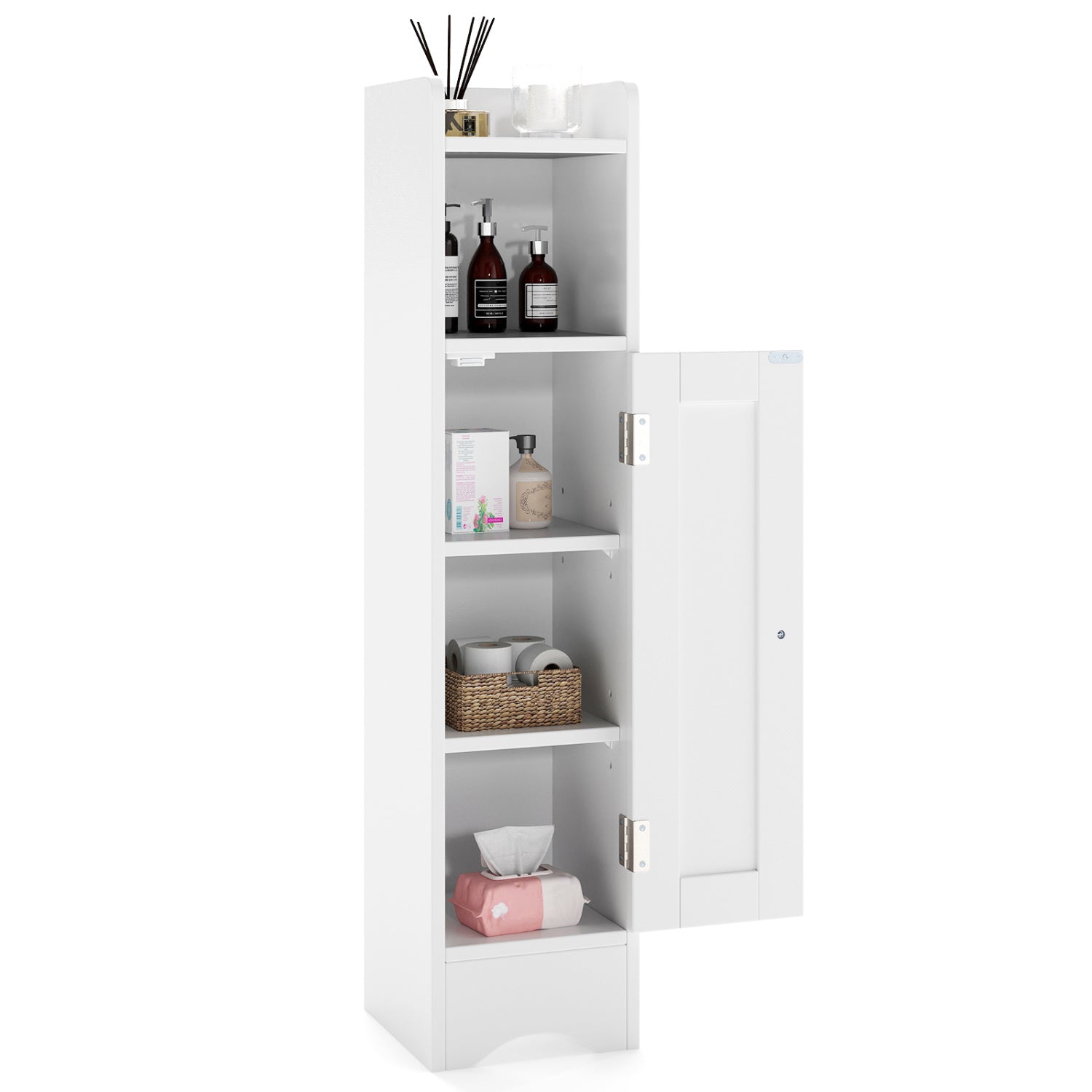 Slim Bathroom Cabinet Corner with 1 Door and Adjustable Shelves-White