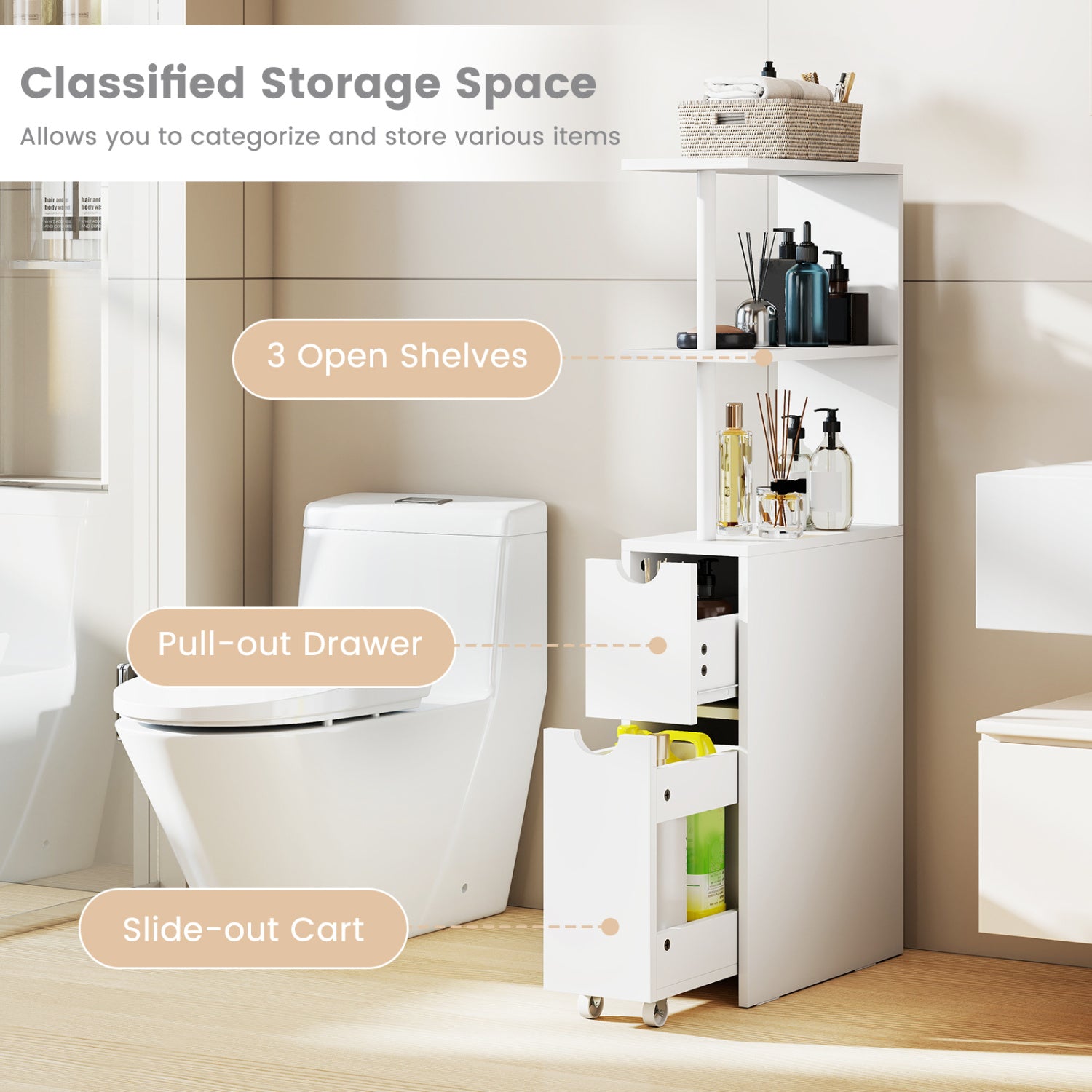 Slim Storage Freestanding Bathroom Cabinet with Open Shelves-White