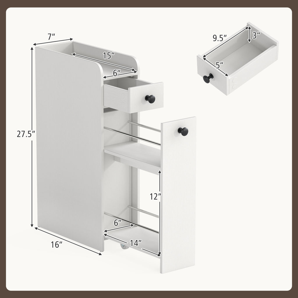 Small Bathroom Storage Cabinet 4-Tier with Slide Out Drawers on Casters-White