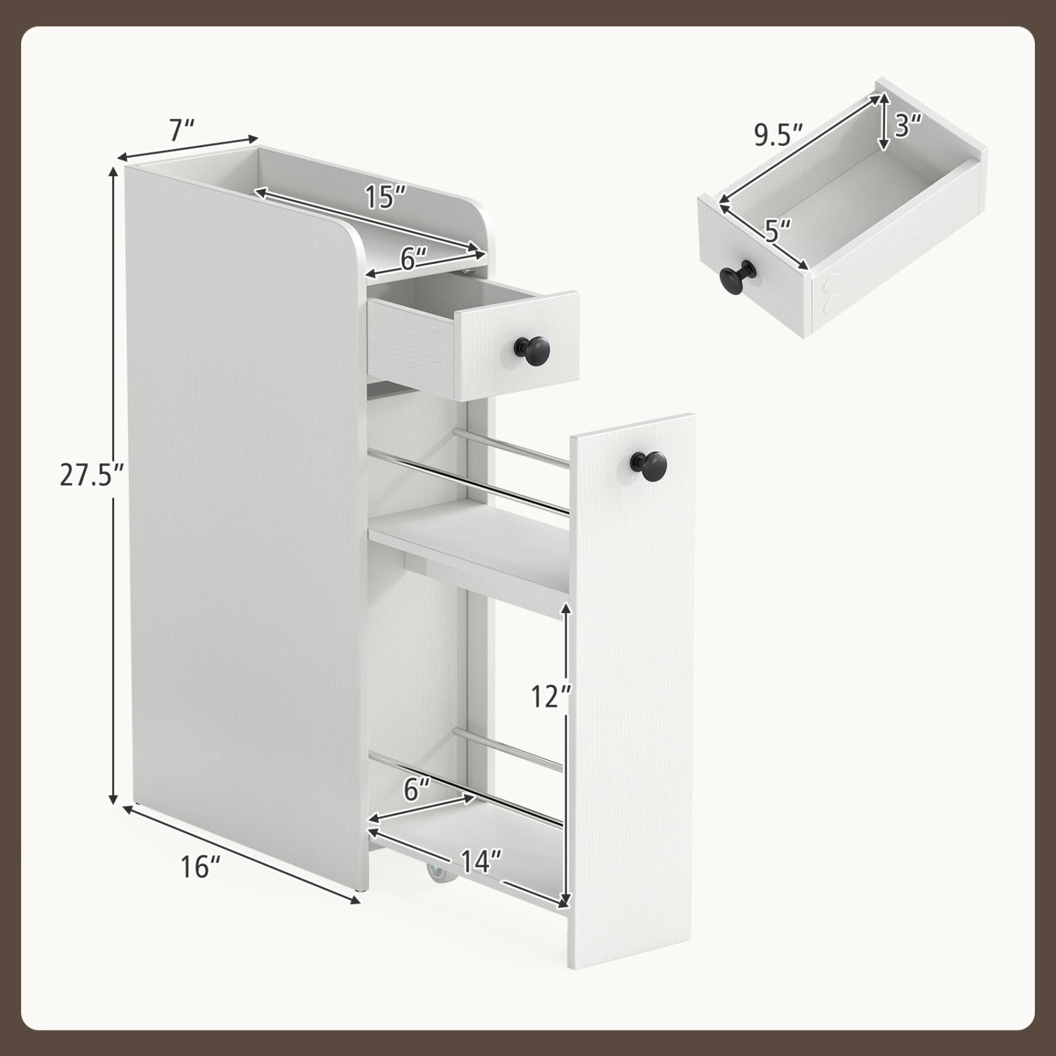 Small Bathroom Storage Cabinet 4-Tier with Slide Out Drawers on Casters-White