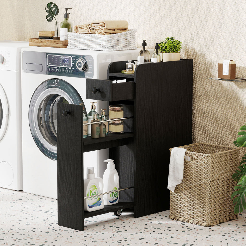 Small Bathroom Storage Cabinet 4-Tier with Slide Out Drawers on Casters-Black