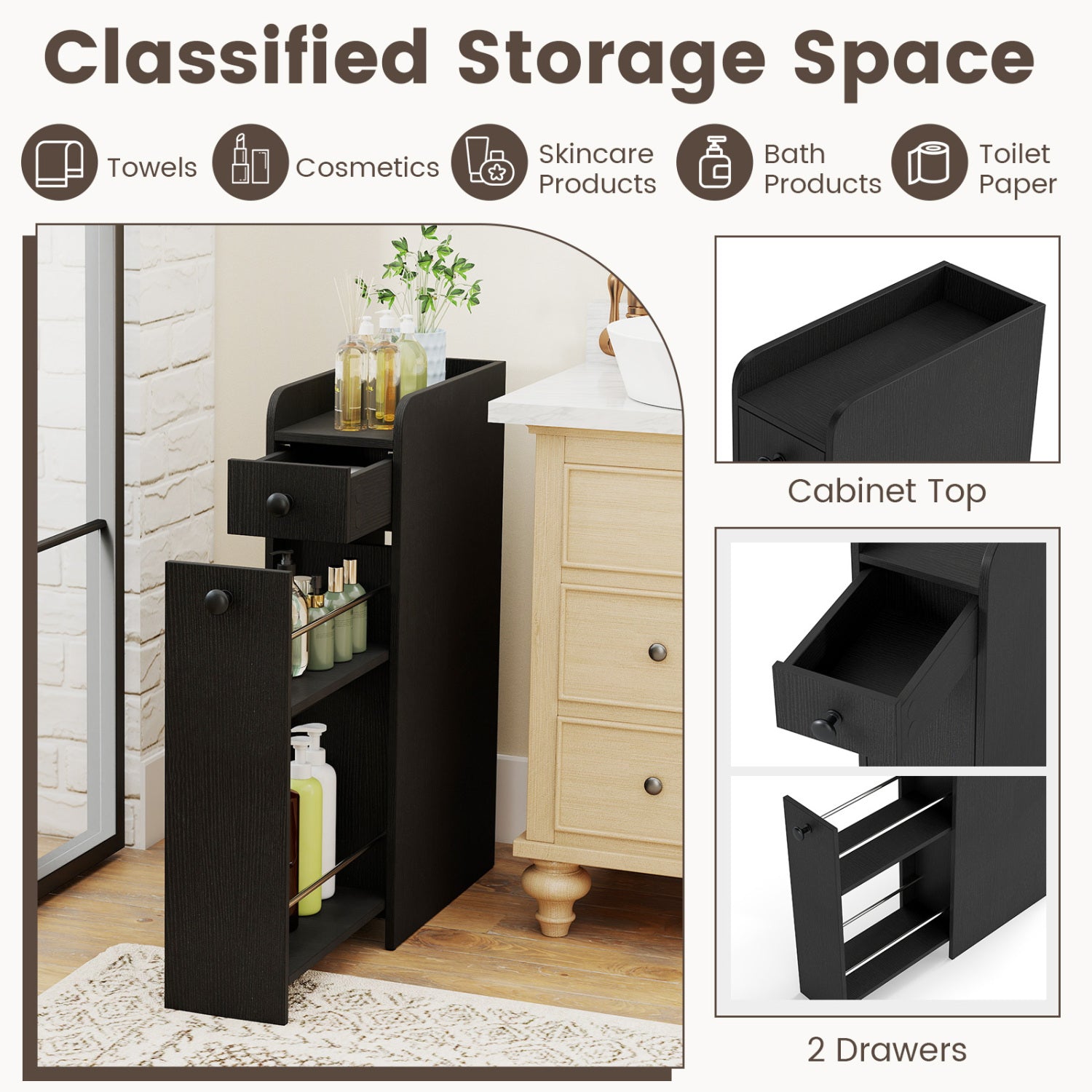 Small Bathroom Storage Cabinet 4-Tier with Slide Out Drawers on Casters-Black