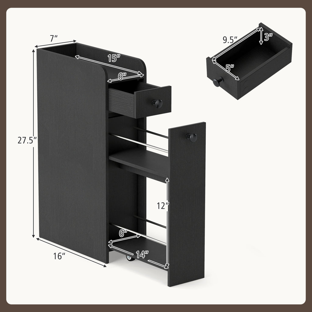 Small Bathroom Storage Cabinet 4-Tier with Slide Out Drawers on Casters-Black