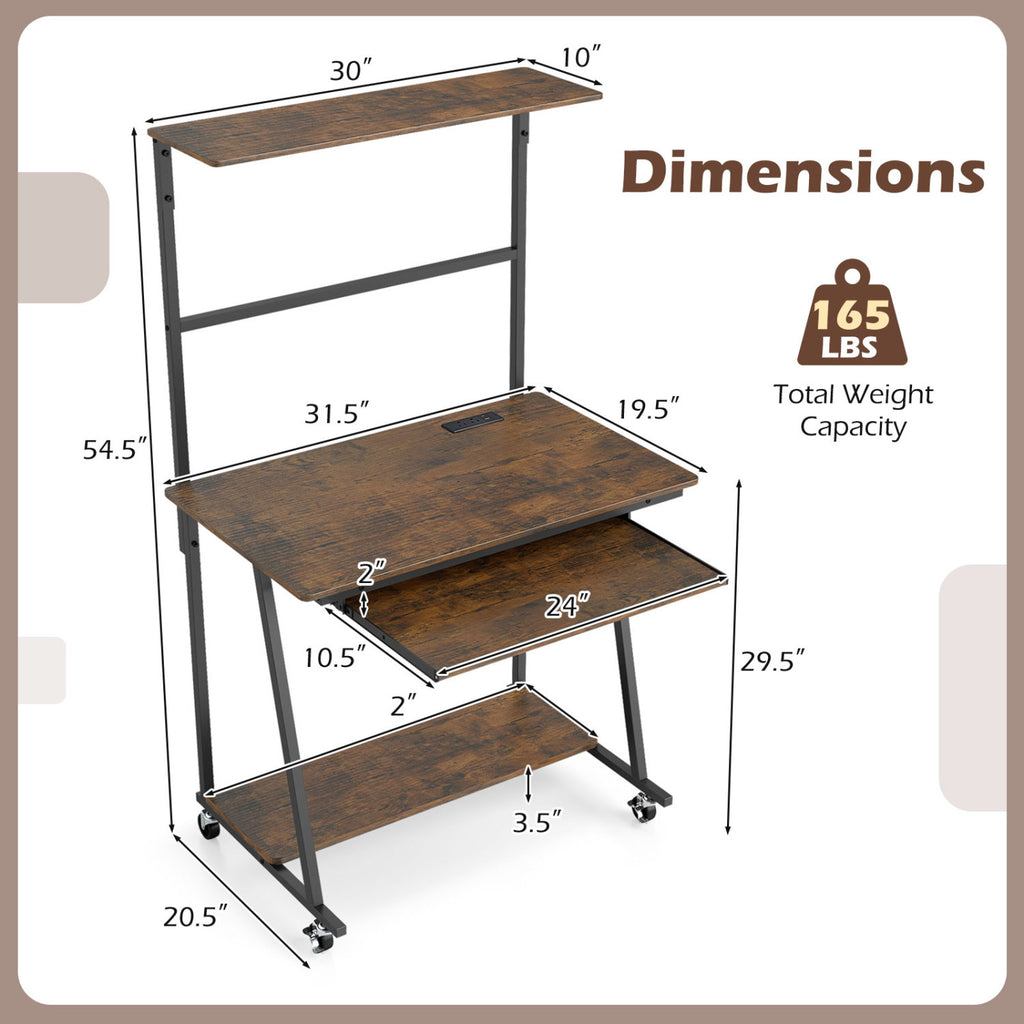 Small Computer Desk with Charging Station and LED Lights and Wheels-Rustic Brown