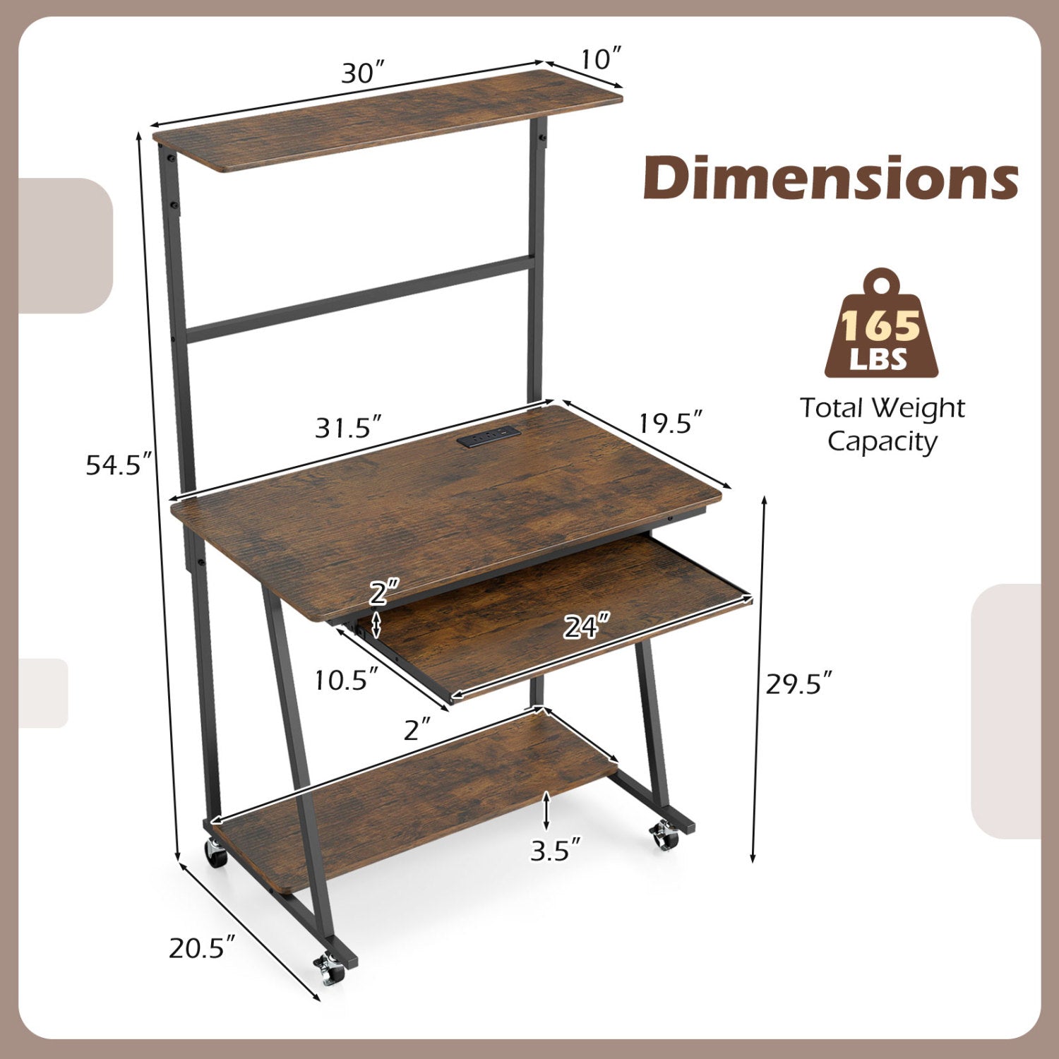 Small Computer Desk with Charging Station and LED Lights and Wheels-Rustic Brown