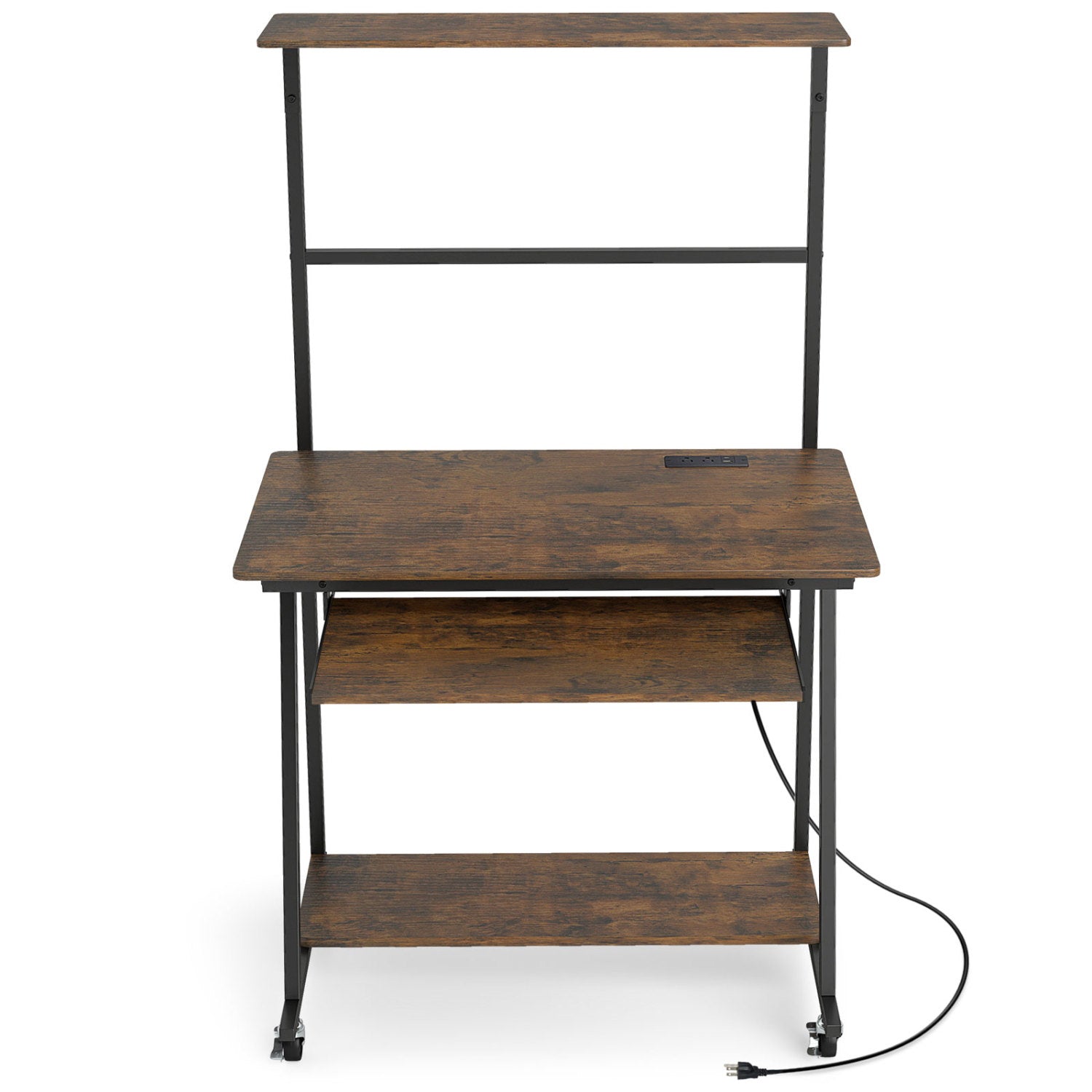Small Computer Desk with Charging Station and LED Lights and Wheels-Rustic Brown