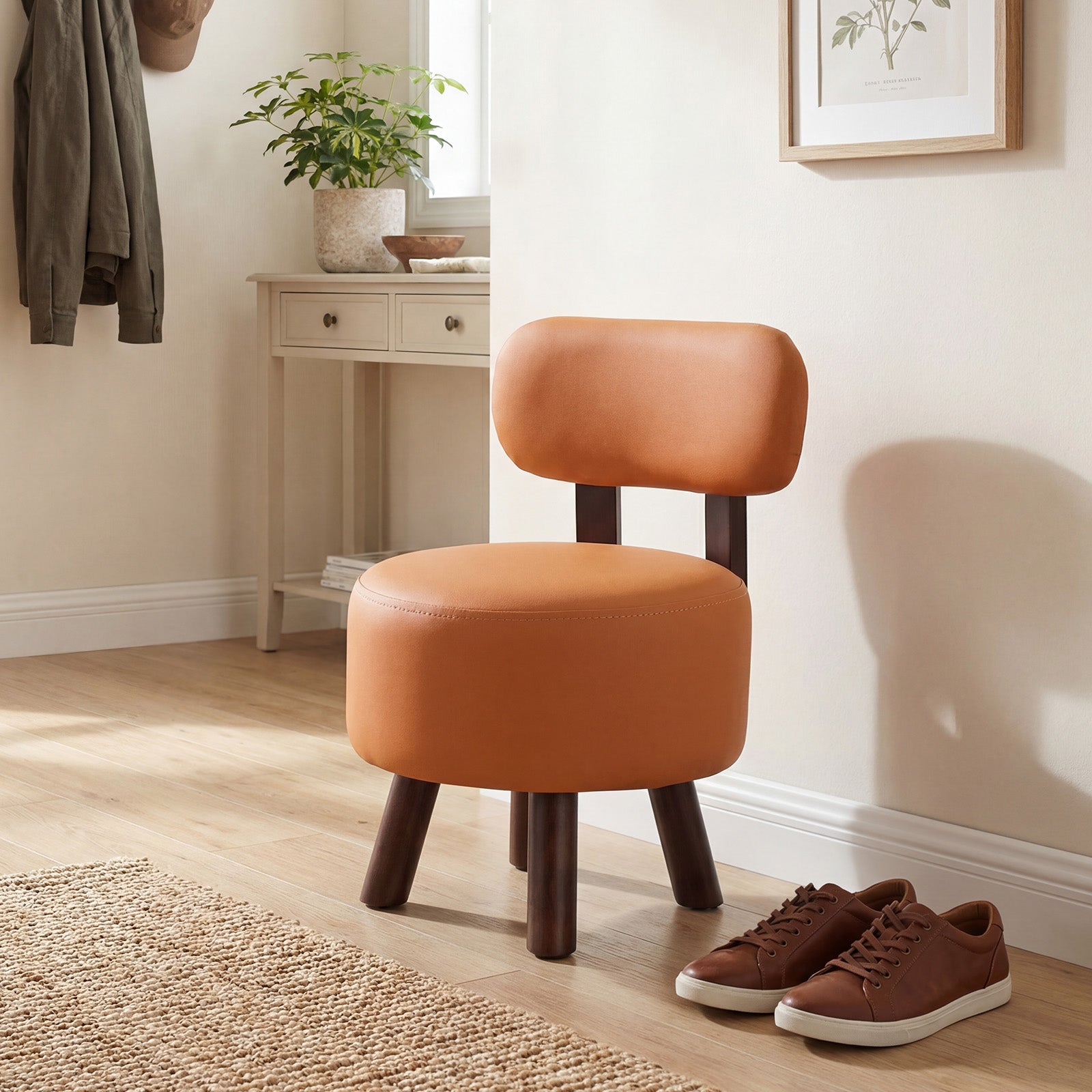 Small Footrest Stools Set of 2 Round Ottoman with Backrest-Orange