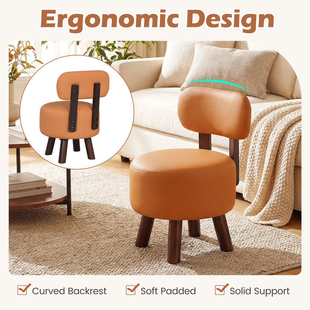 Small Footrest Stools Set of 2 Round Ottoman with Backrest-Orange