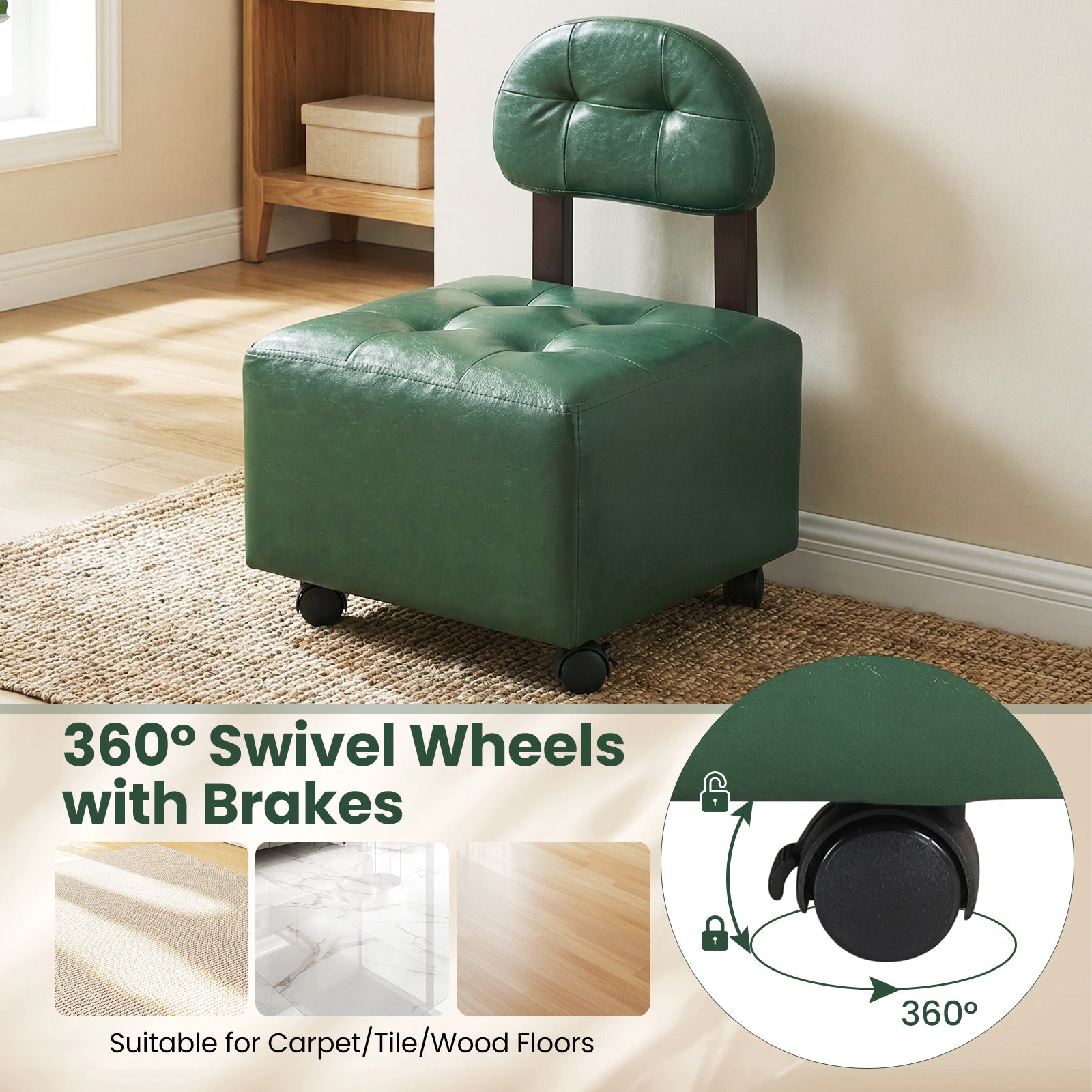 Small Rolling Footrest Stools Set of 2 with Lockable Wheels-Green