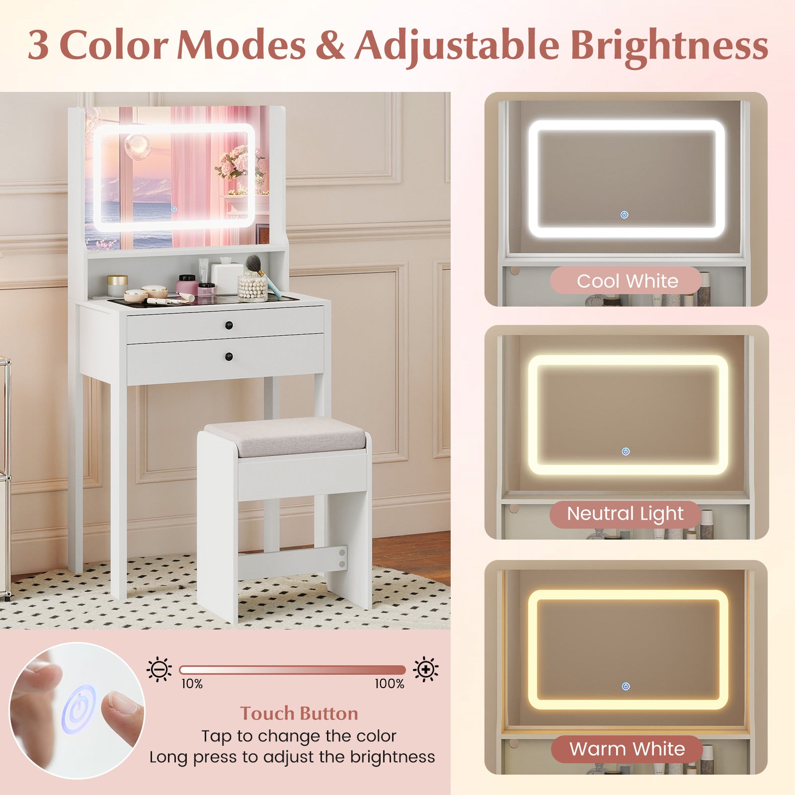 Small Vanity Desk with Mirror and Lights for Bedroom-White