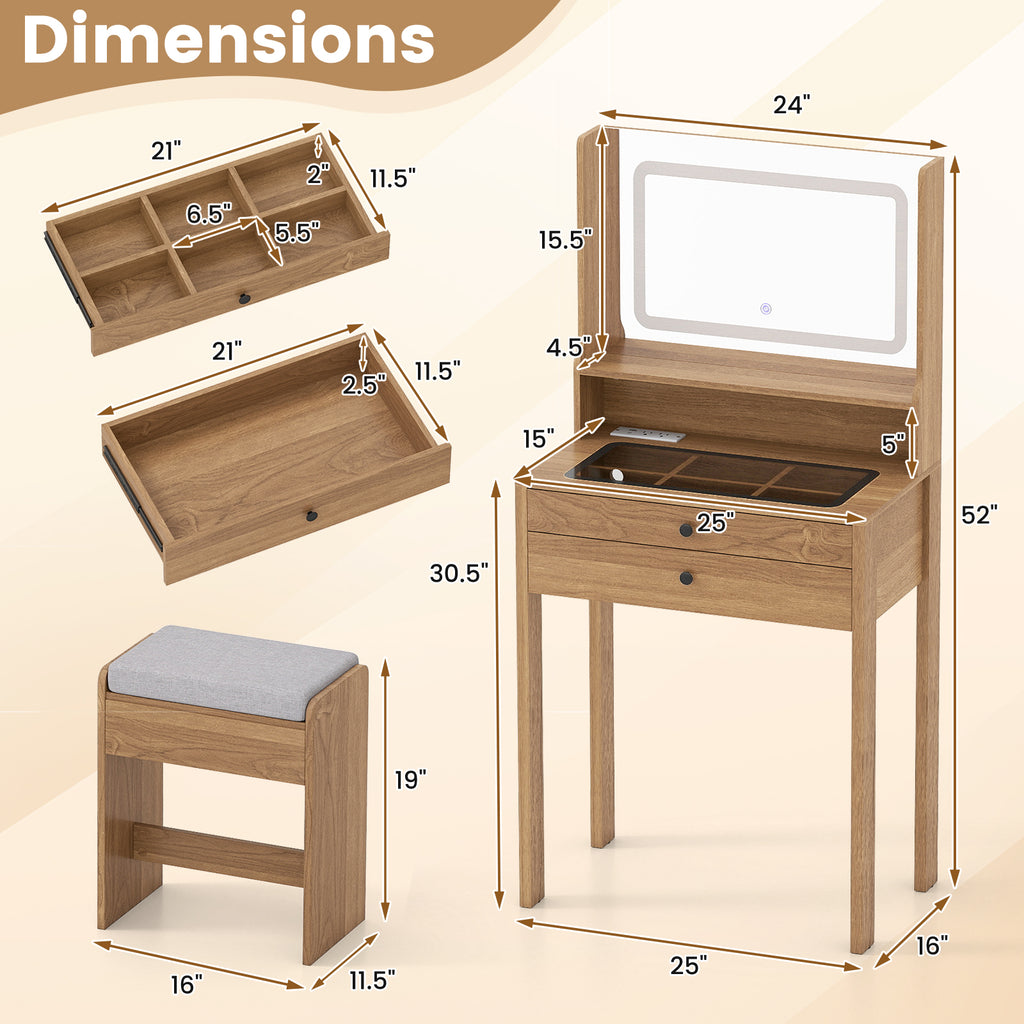 Small Vanity Desk with Mirror and Lights for Bedroom-Natural