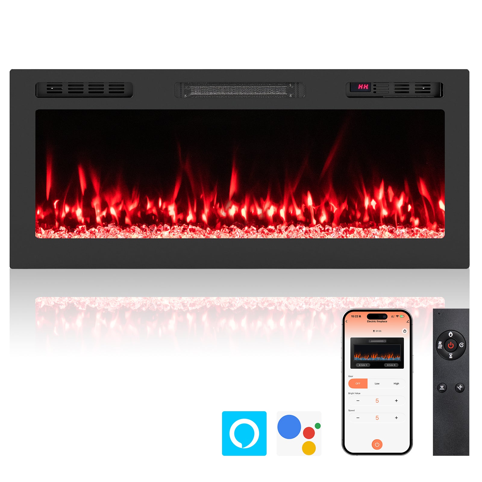 Smart WiFi Electric Fireplace Wall Mounted & Recessed 750W/1500W Heater-42 Inch
