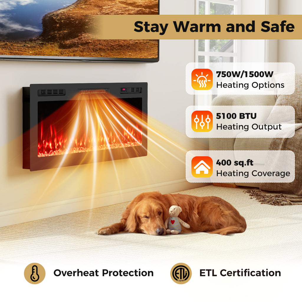 Smart WiFi Electric Fireplace Wall Mounted & Recessed 750W/1500W Heater-42 Inch