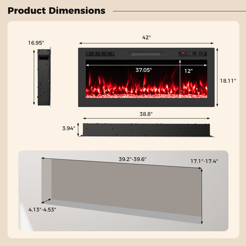 Smart WiFi Electric Fireplace Wall Mounted & Recessed 750W/1500W Heater-42 Inch