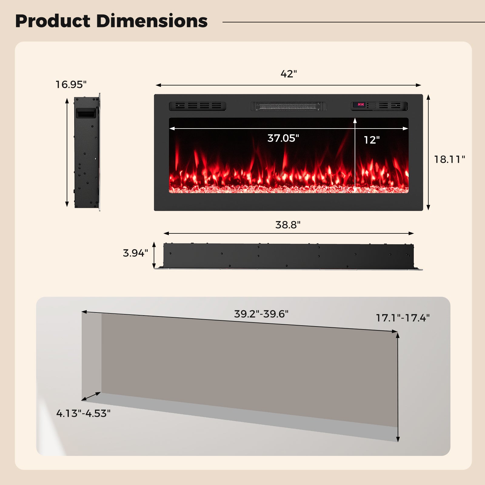 Smart WiFi Electric Fireplace Wall Mounted & Recessed 750W/1500W Heater-42 Inch