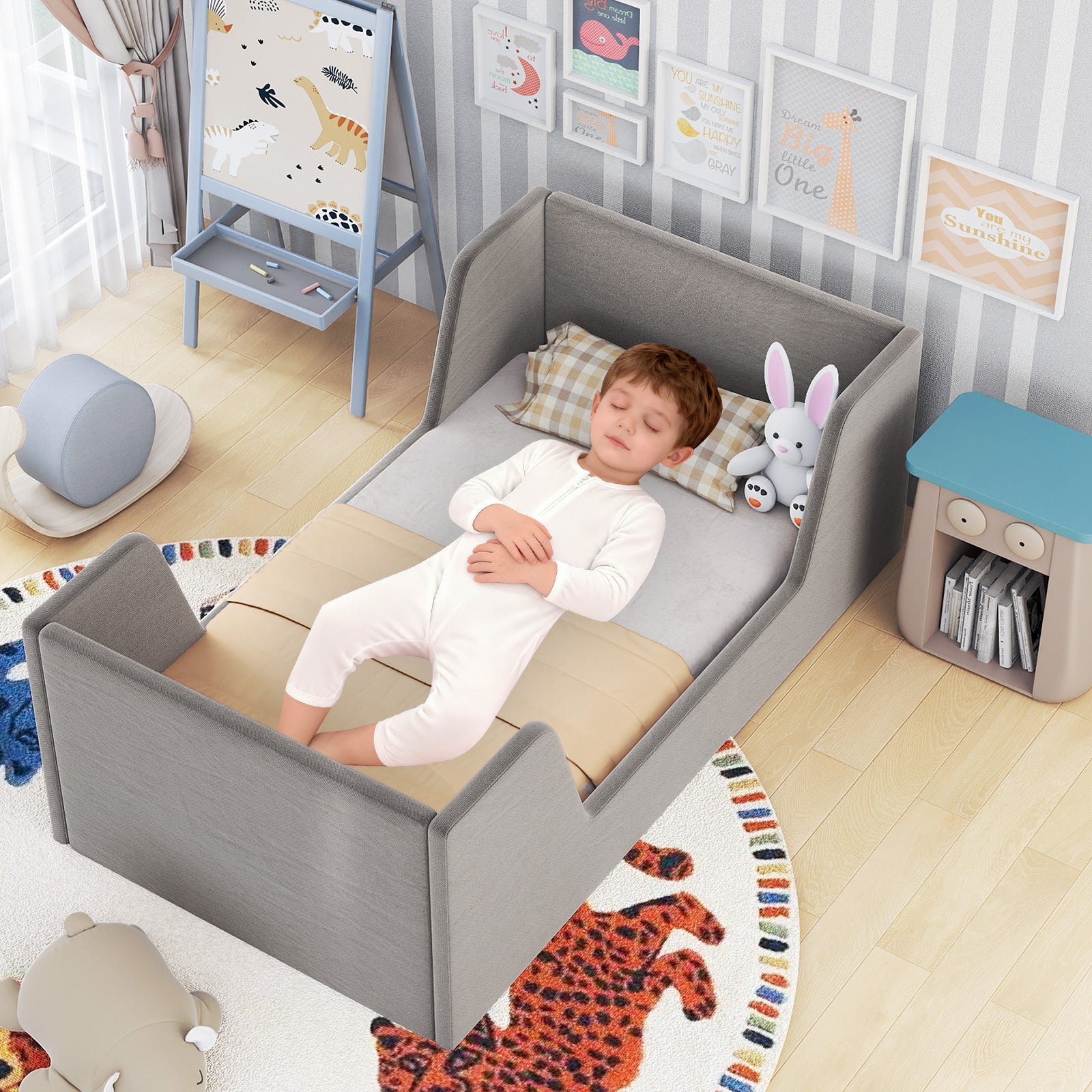 Soft Velvet Fabric Toddler Bed Frame with Safety Rails-Gray