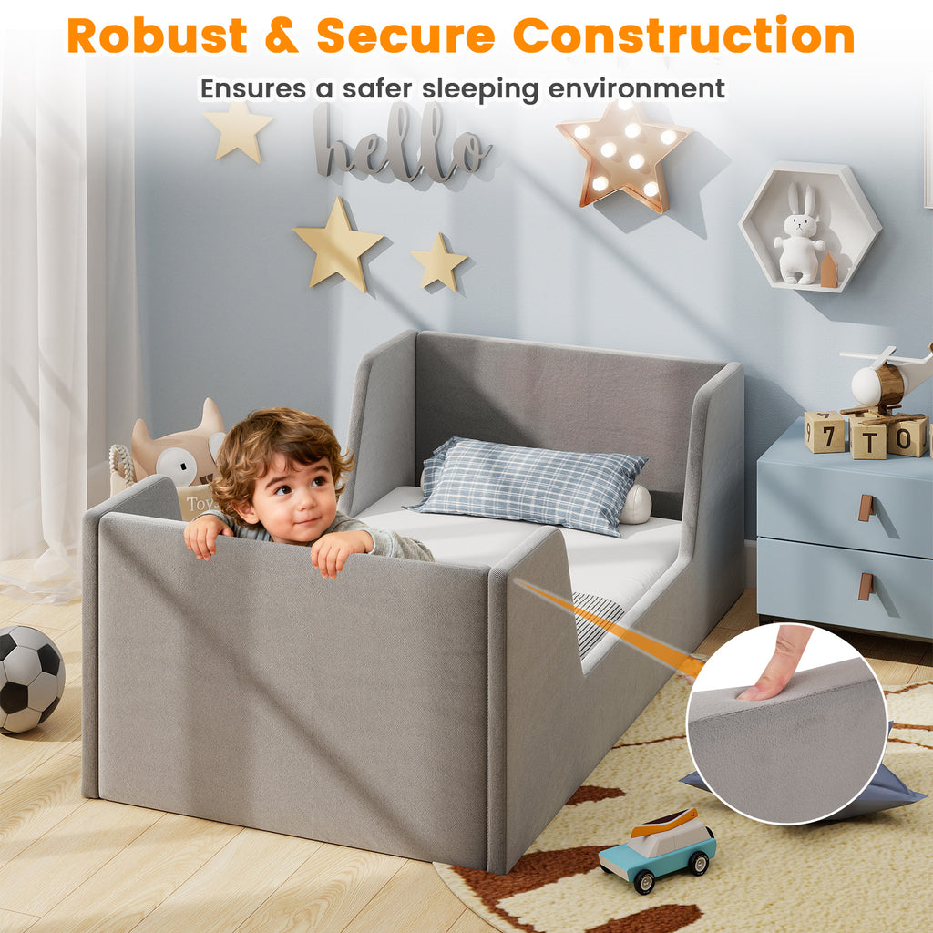 Soft Velvet Fabric Toddler Bed Frame with Safety Rails-Gray